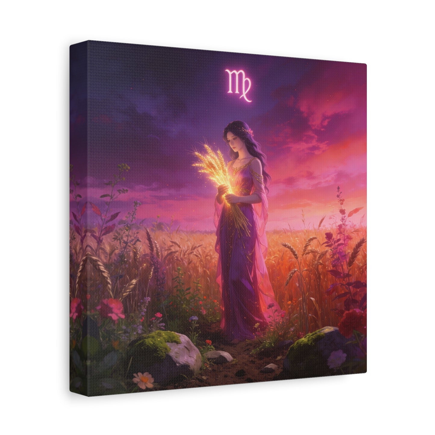 Virgo Zodiac Canvas Wall Art - Maiden Holding Glowing Wheat, Purple Twilight Field - Fantasy Illustration, Matte Canvas Print - Bedroom Wall Decor, Meditation Space Accent - Bedroom Home Decoration