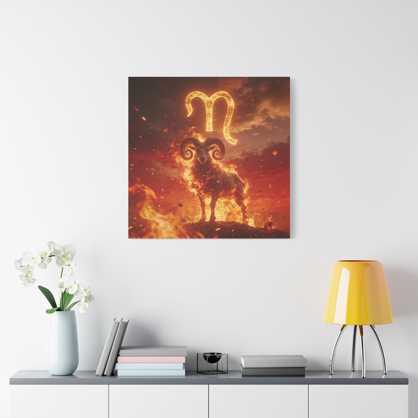 Aries Ram Canvas Wall Art - Fiery Zodiac Symbol Astrology Print, Glowing Horned Sheep Illustration - Matte Canvas Decor - Bedroom Home Decoration, Office Wall Art - Bedroom Home Decoration
