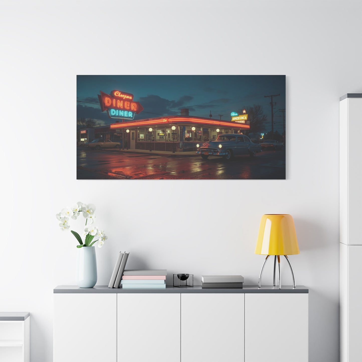 Neon Diner Canvas Wall Art - Retro American Diner Night Scene, Vintage Car Art Print - Moody Blue Glow, Contemporary Style - Living Room Wall Decor, Office Art - Bedroom Home Decoration