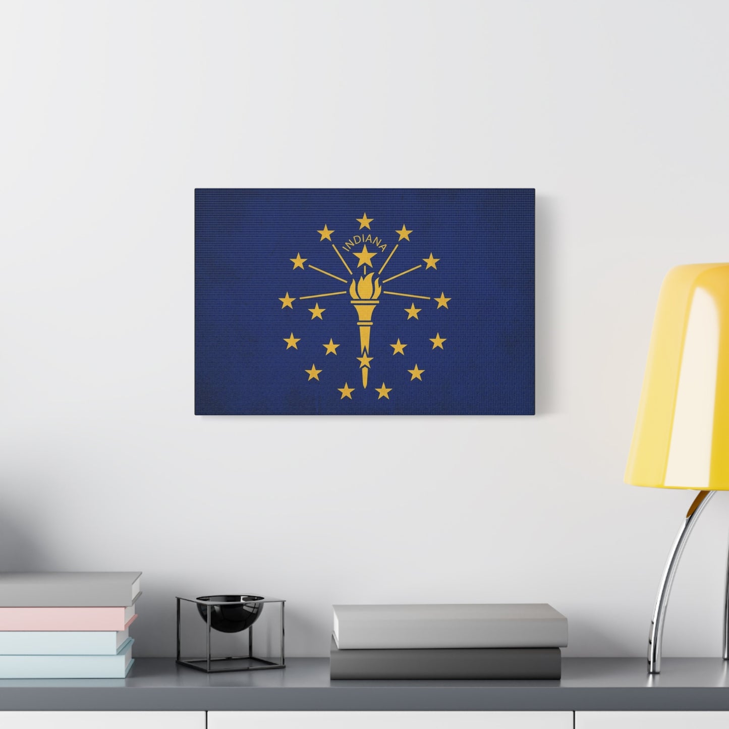 Indiana State Flag Canvas Wall Art - Blue Gold Torch Stars Print, Patriotic Decor - Matte Cotton Artwork - Living Room Wall Decor, Office Art, Dorm Decoration Accent - Bedroom Home Decoration