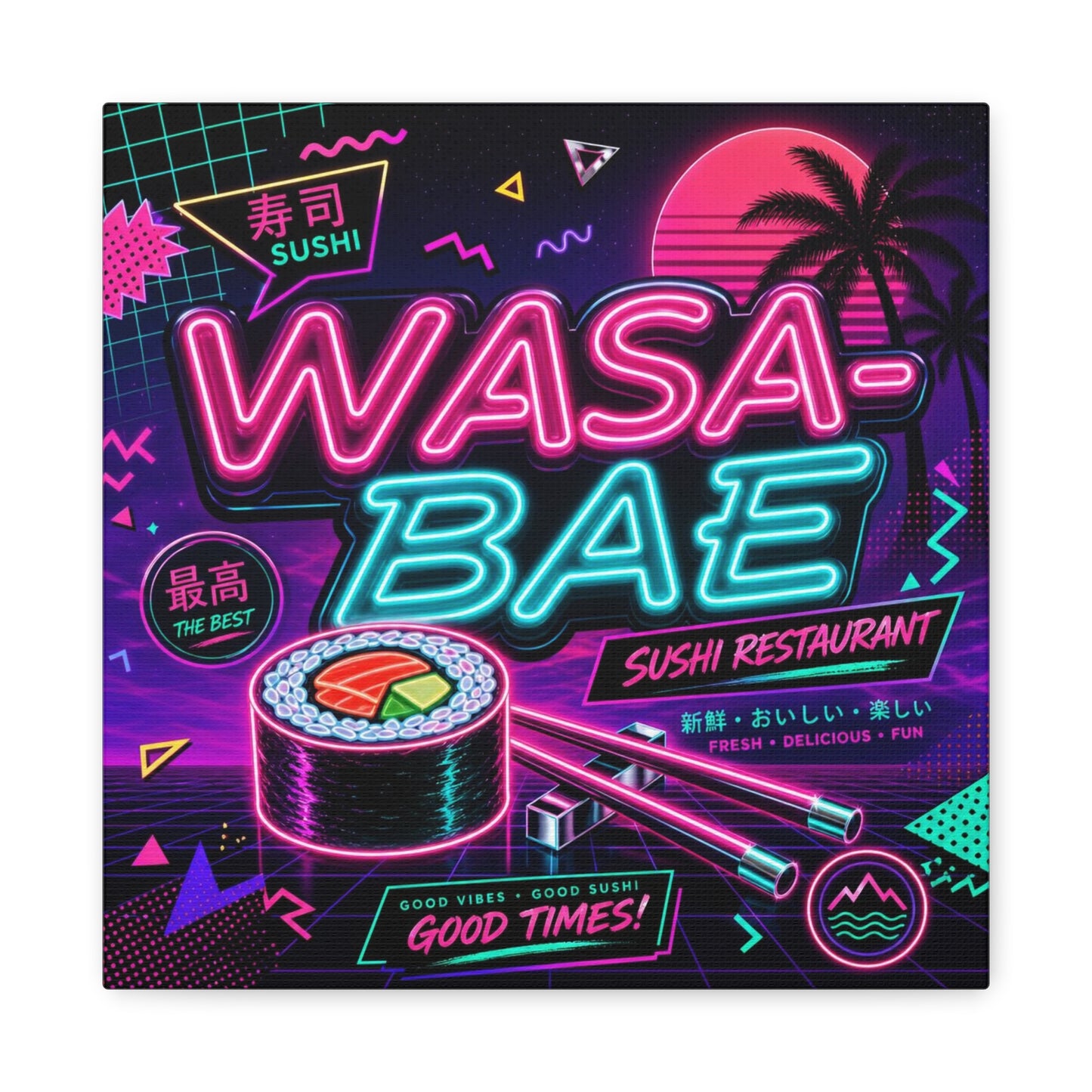 "WASA-BAE" Sushi Canvas Print - Neon Japanese Restaurant Sign, Retro Vaporwave Illustration - Matte Cotton Decor, Cafe Wall Accent, Dining Space Artwork, Lounge Interior Style - Office Wall Art