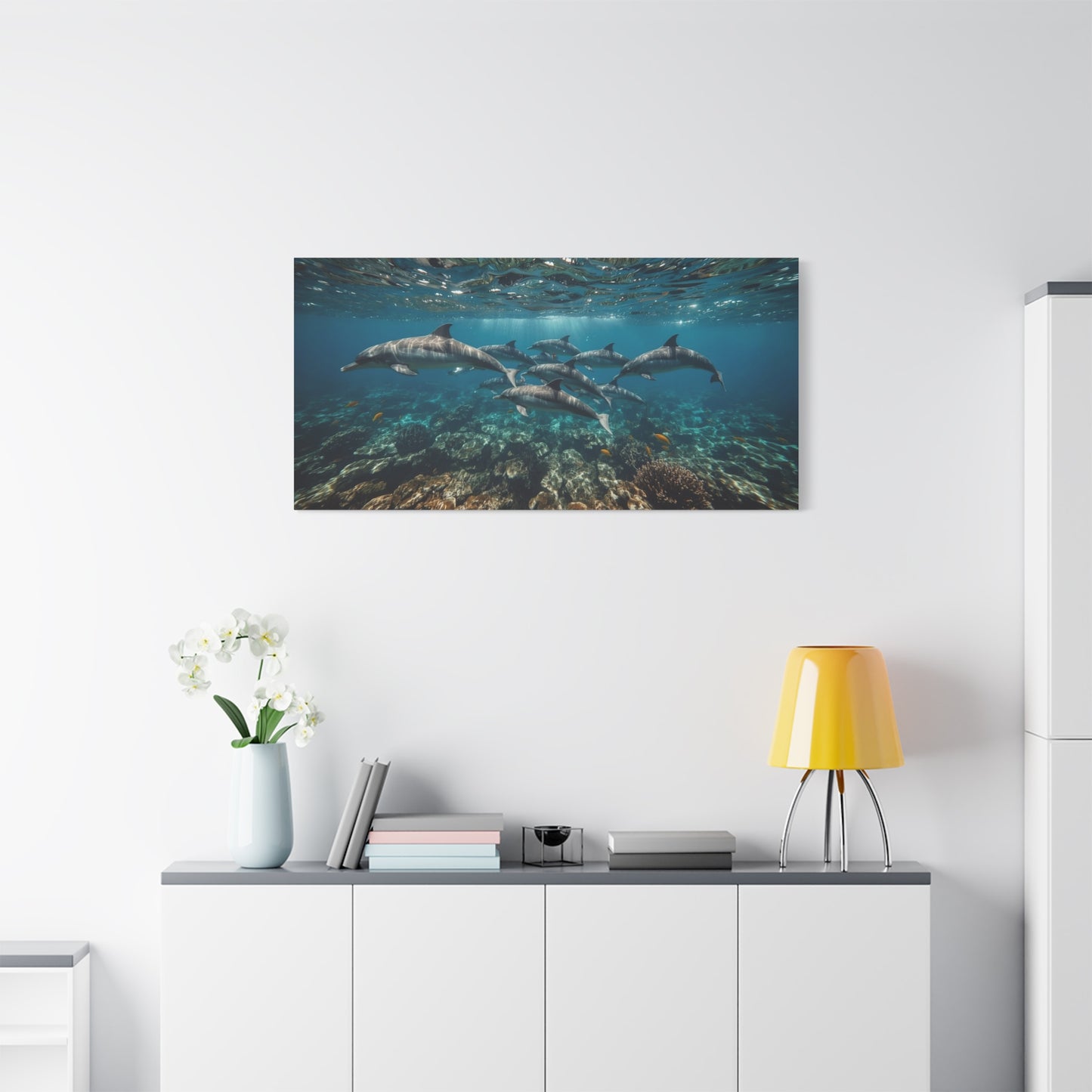 Dolphin School Canvas Wall Art - Underwater Ocean Art Print, Blue Coastal Decor - Matte Canvas Print, Contemporary Seascape Style - Living Room Wall Decor, Bedroom Home Decoration - Ready to Hang