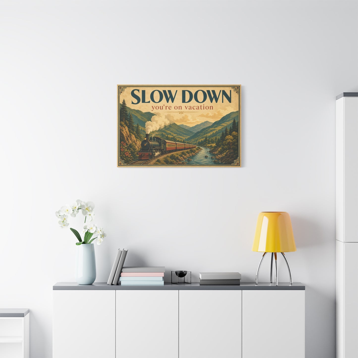 "Slow Down You're On Vacation" Vintage Train Canvas Wall Art - Mountain River Travel Poster Style, Retro Landscape Home Decor - Rustic Cabin Living Room Decoration, Vacation Rental Accent