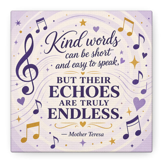 "Kind Words Can Be Short And Easy To Speak, But Their Echoes Are Truly Endless." Canvas Wall Art - Musical Quote Print, Lavender Gold Typography Decor - Bedroom Classroom Wall Hanging - Ready to Hang