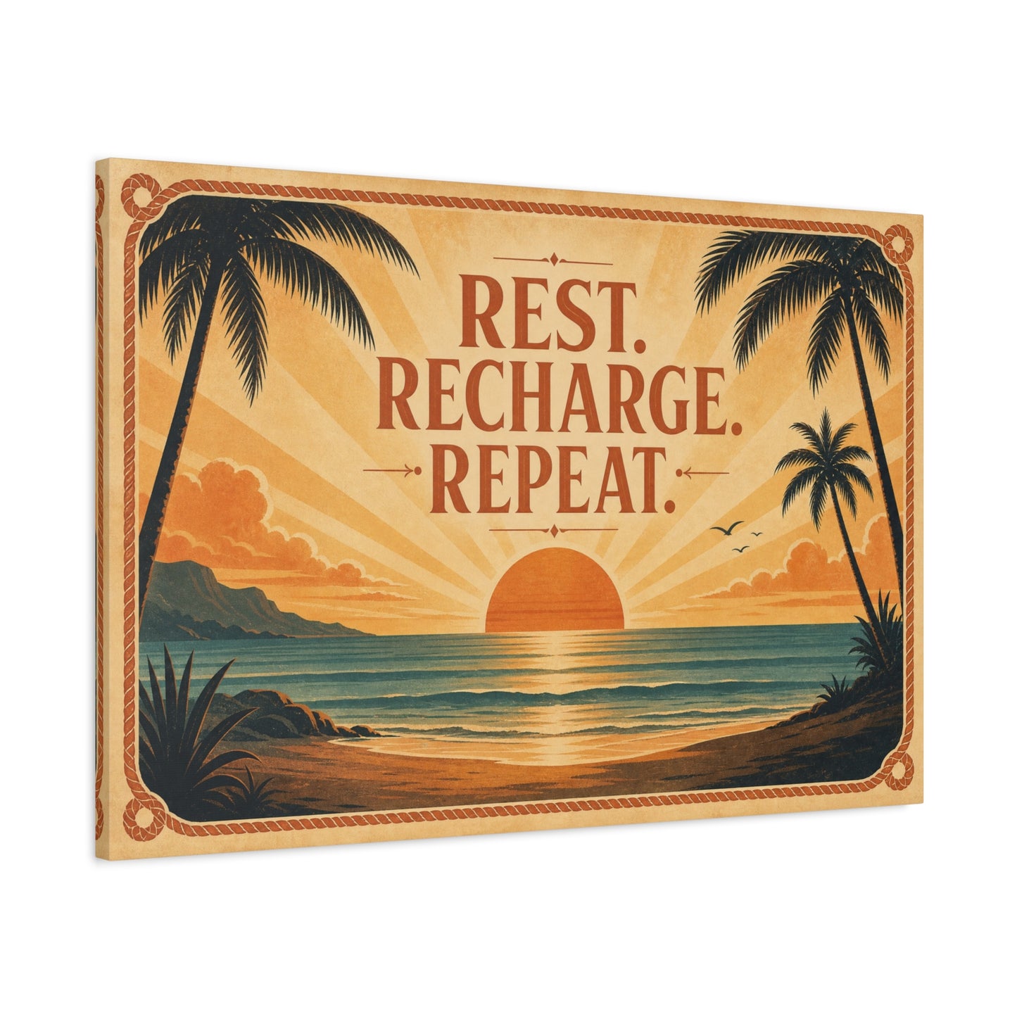 "Rest. Recharge. Repeat." Tropical Beach Sunset Canvas Wall Art - Vintage Coastal Typography, Retro Palm Tree Ocean Scene, Living Room Wall Decor, Bedroom Home Decoration - Bedroom Home Decoration