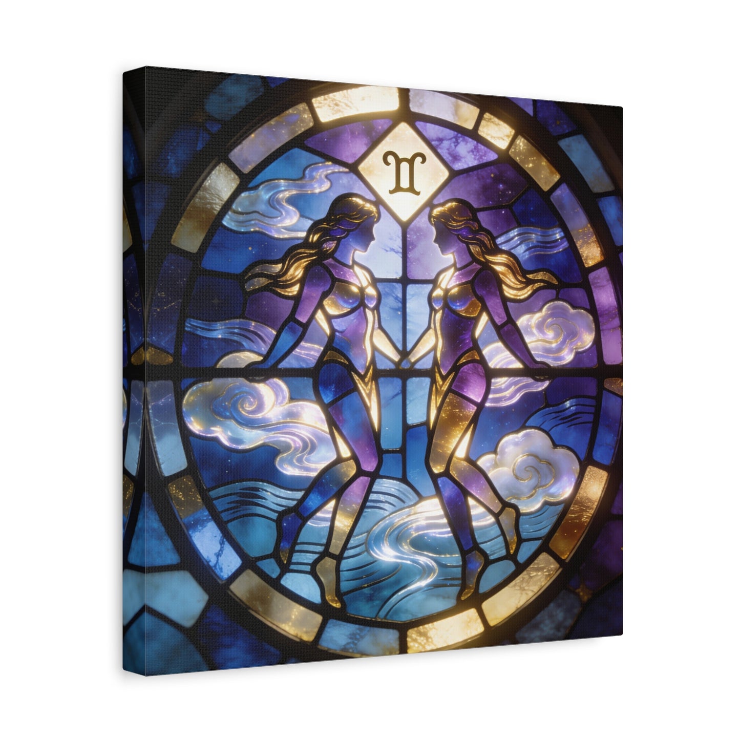 Gemini Zodiac Canvas Wall Art - Stained Glass Twin Women Celestial Print, Blue Purple Gold Astrology Decor - Modern Mystical Artwork - Bedroom Home Decoration Office Wall Art - Bedroom Home Decoration