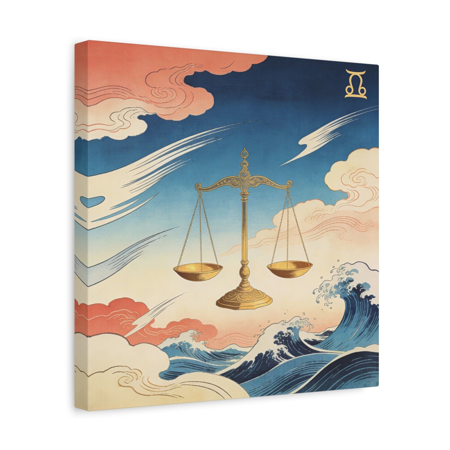 Libra Zodiac Canvas Wall Decor - Vintage Japanese Wave Scales Illustration - Celestial Astrology Print, Gold Balance Symbol, Traditional Style, Bedroom Home Decoration - Living Room Wall Decor