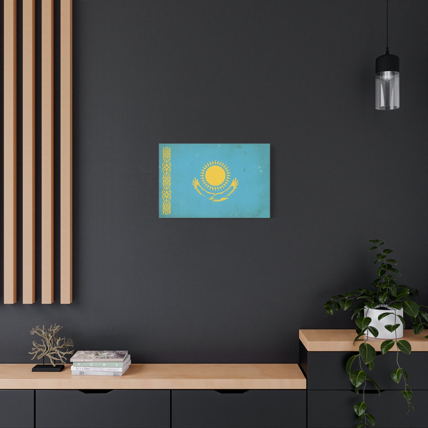 Kazakhstan Flag Canvas Wall Art - Blue And Gold Sun Eagle Emblem, Vintage Nation Print - Matte Cotton Artwork, Patriotic Living Room Wall Decor, Office Art Accent Style - Bedroom Home Decoration