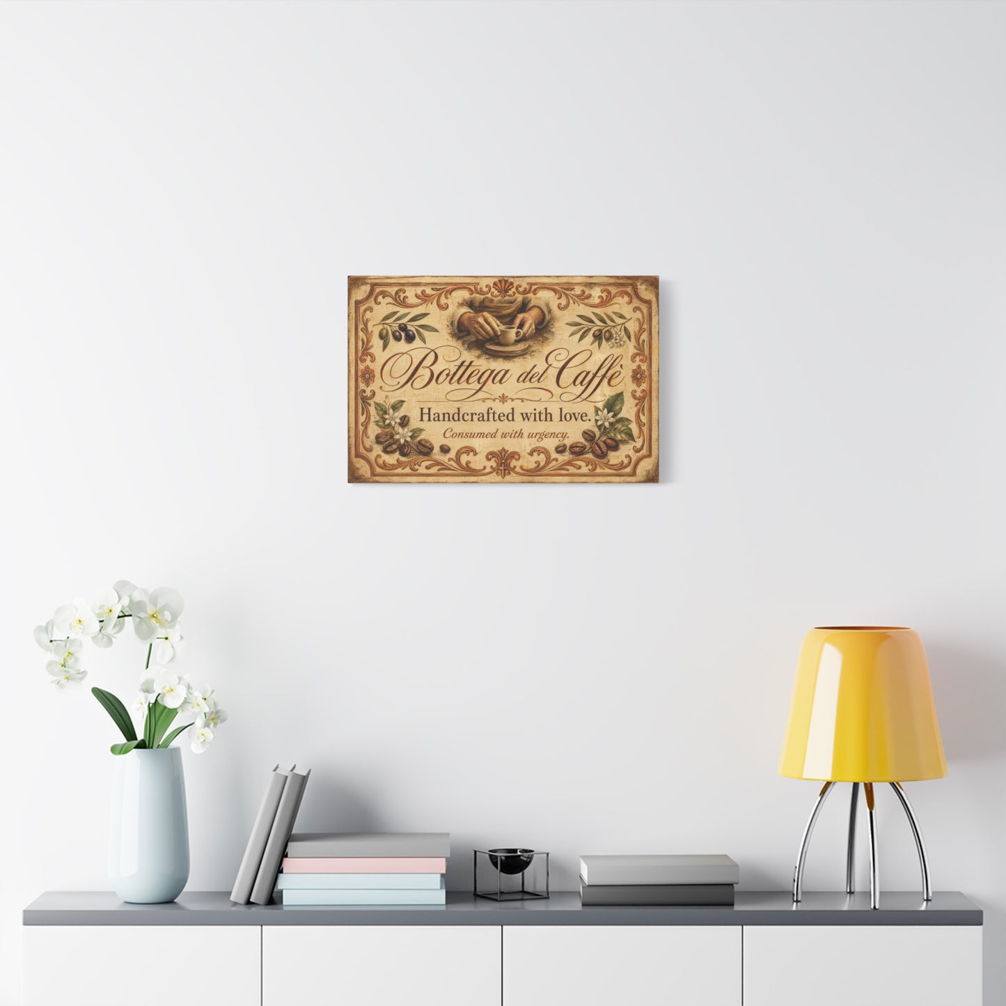 "Bottega del Caffe" Canvas Wall Art - Vintage Italian Coffee Quote Print, Olive Branches, Beans, Rustic Farmhouse Decor, Cafe Wall Hanging - Modern Farmhouse Style - Coffee Shop Decor - Ready to Hang