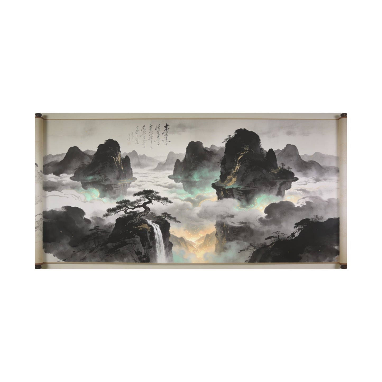 Chinese Ink Landscape Canvas Wall Art - Misty Mountain Scroll Painting, Cloud Sea Waterfall, Calligraphy Detail - Contemporary Zen Style - Living Room Wall Decor, Bedroom Home Accent - Ready to Hang