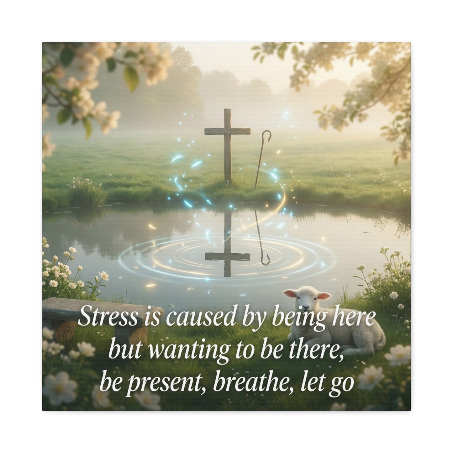 "Stress is caused by being here but wanting to be there, be present, breathe, let go" Cross Canvas Wall Art - Christian Inspirational Pond Scene - Traditional Style - Bedroom Wall Decor