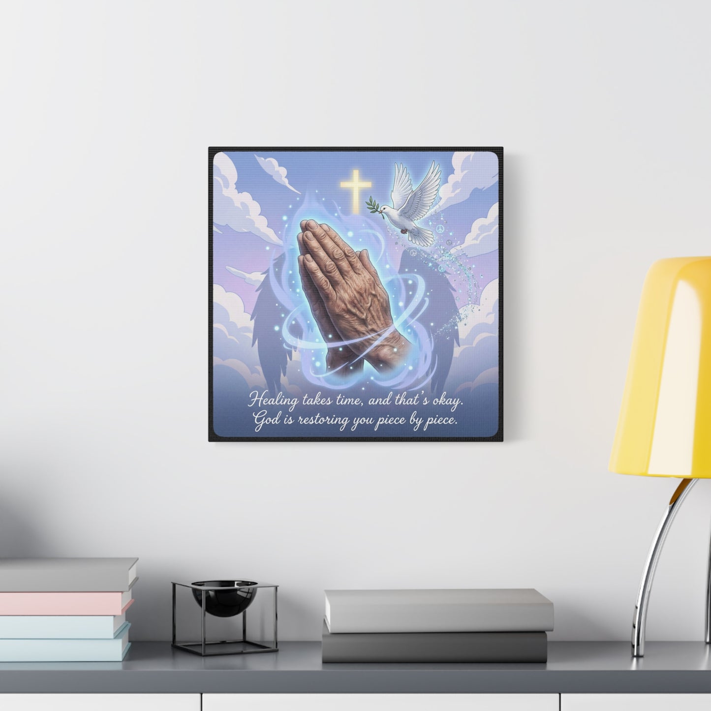 "Healing Takes Time, And That’s Okay. God Is Restoring You Piece By Piece." Christian Canvas Wall Art - Praying Hands, Dove, Cross - Faith Inspired Blue Sky Decor - Bedroom Living Room Office