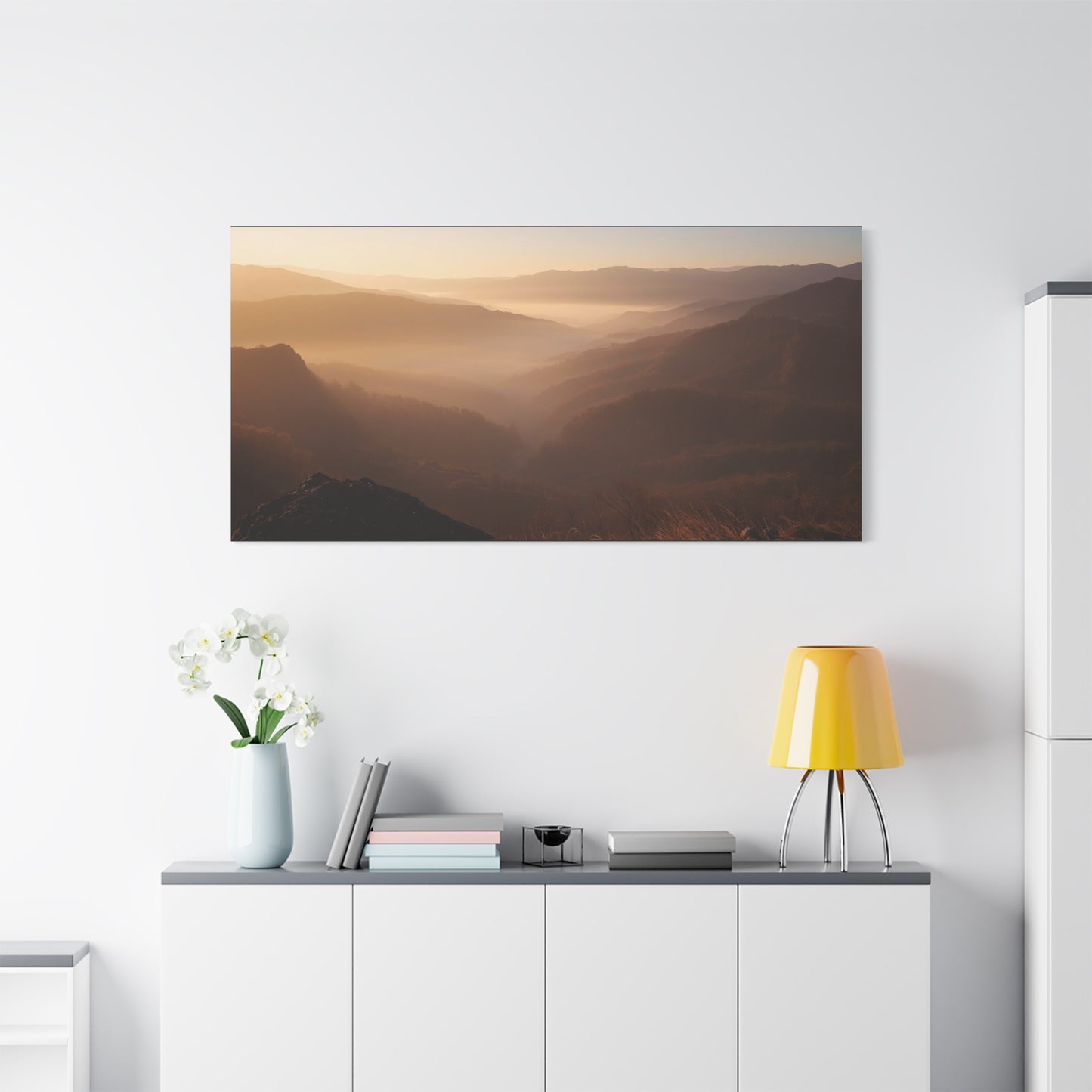 Golden Mist Mountain Valley Canvas Wall Art - Serene Landscape Art Print, Warm Dawn Light - Minimalist Nature Decor - Living Room Wall Decor, Bedroom Home Decoration - Bedroom Home Decoration