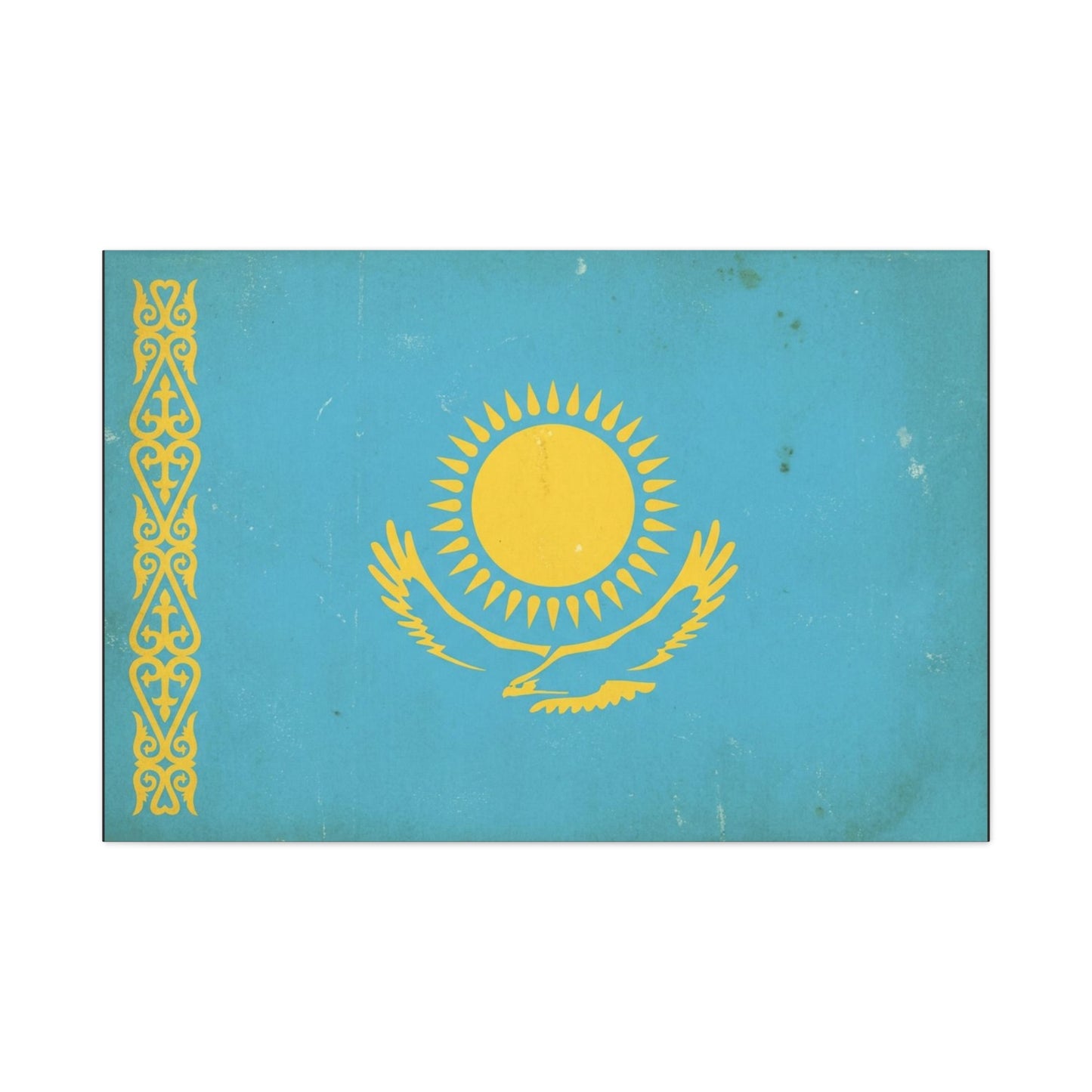 Kazakhstan Flag Canvas Wall Art - Blue And Gold Sun Eagle Emblem, Vintage Nation Print - Matte Cotton Artwork, Patriotic Living Room Wall Decor, Office Art Accent Style - Bedroom Home Decoration