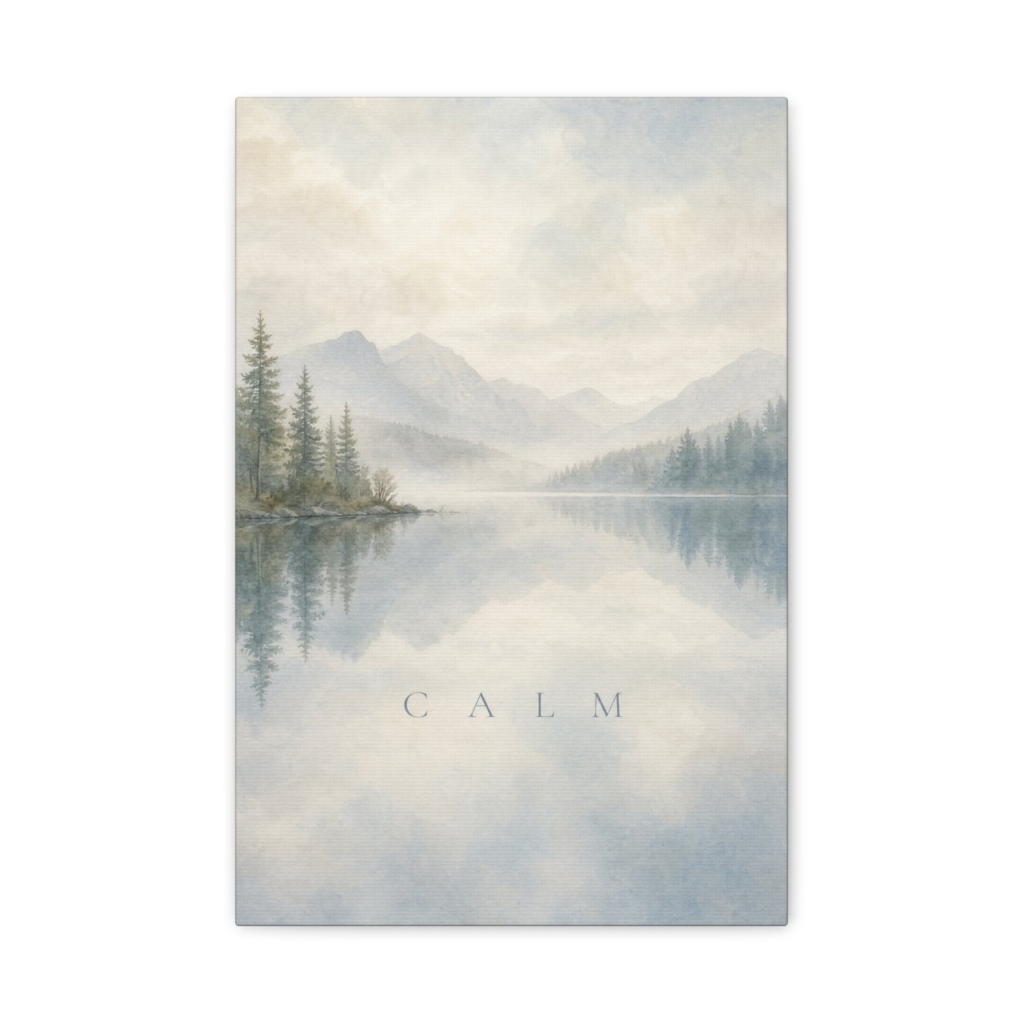 "Calm" Mountain Lake Canvas Wall Art - Misty Pine Forest Reflection Print - Serene Blue Landscape - Minimalist Nature Decor - Bedroom Home Decoration, Meditation Space - Living Room Wall Decor