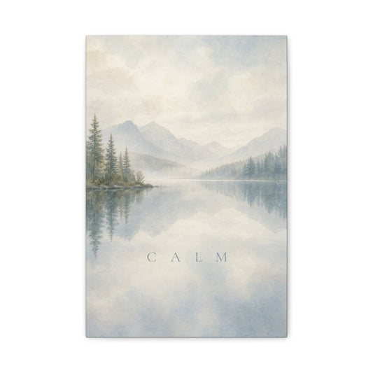 "Calm" Mountain Lake Canvas Wall Art - Misty Pine Forest Reflection Print - Serene Blue Landscape - Minimalist Nature Decor - Bedroom Home Decoration, Meditation Space - Living Room Wall Decor