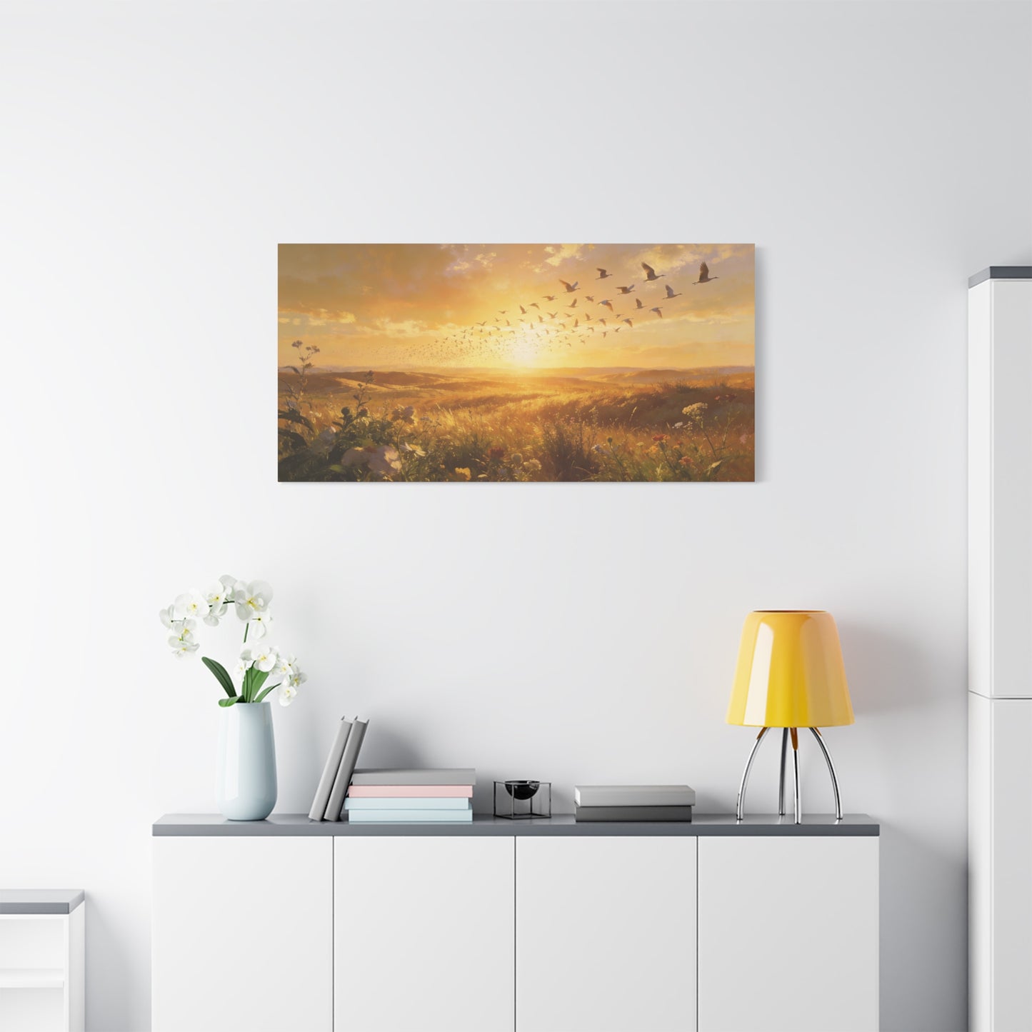 Golden Meadow Sunrise Canvas Wall Art - Flying Birds Over Wildflower Landscape, Lighted Patriotic Wall Hanging Banne Tone, Matte Finish Print - Rustic Living Room Decor - Bedroom Home Decoration