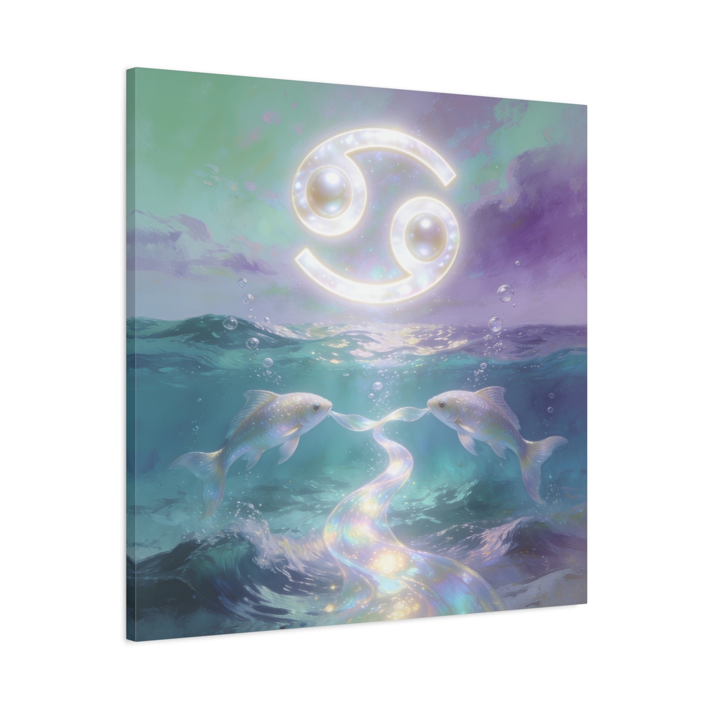 Cancer Zodiac Canvas Wall Art - Two Pearl Fish Ocean Illustration, Celestial Astrology Decor - Iridescent Matte Canvas Print - Mystical Coastal Style For Bedroom Living Room - Living Room Wall Decor