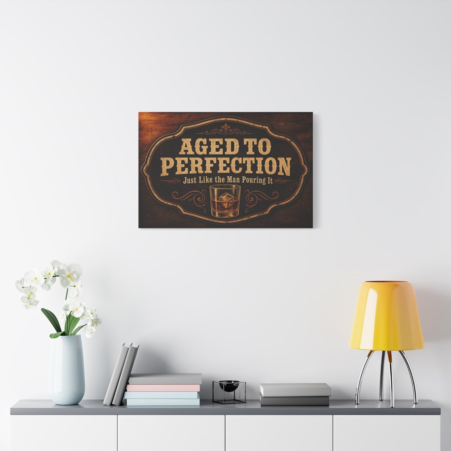 "Aged To Perfection Just Like The Man Pouring It" Whiskey Canvas Wall Art - Vintage Bar Quote Decor, Old Fashioned Glass Illustration - Office Wall Art - Ready to Hang - Cocktail Lounge Decor