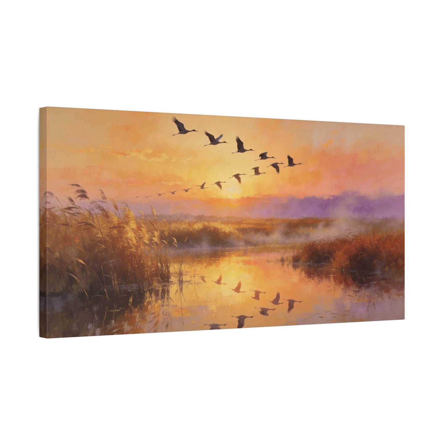 Flying Cranes Sunset Canvas Wall Art - Marsh Landscape Bird Painting, Golden Reeds Reflection, Matte Canvas Print - Traditional Style - Living Room Wall Decor Bedroom Decoration - Ready to Hang