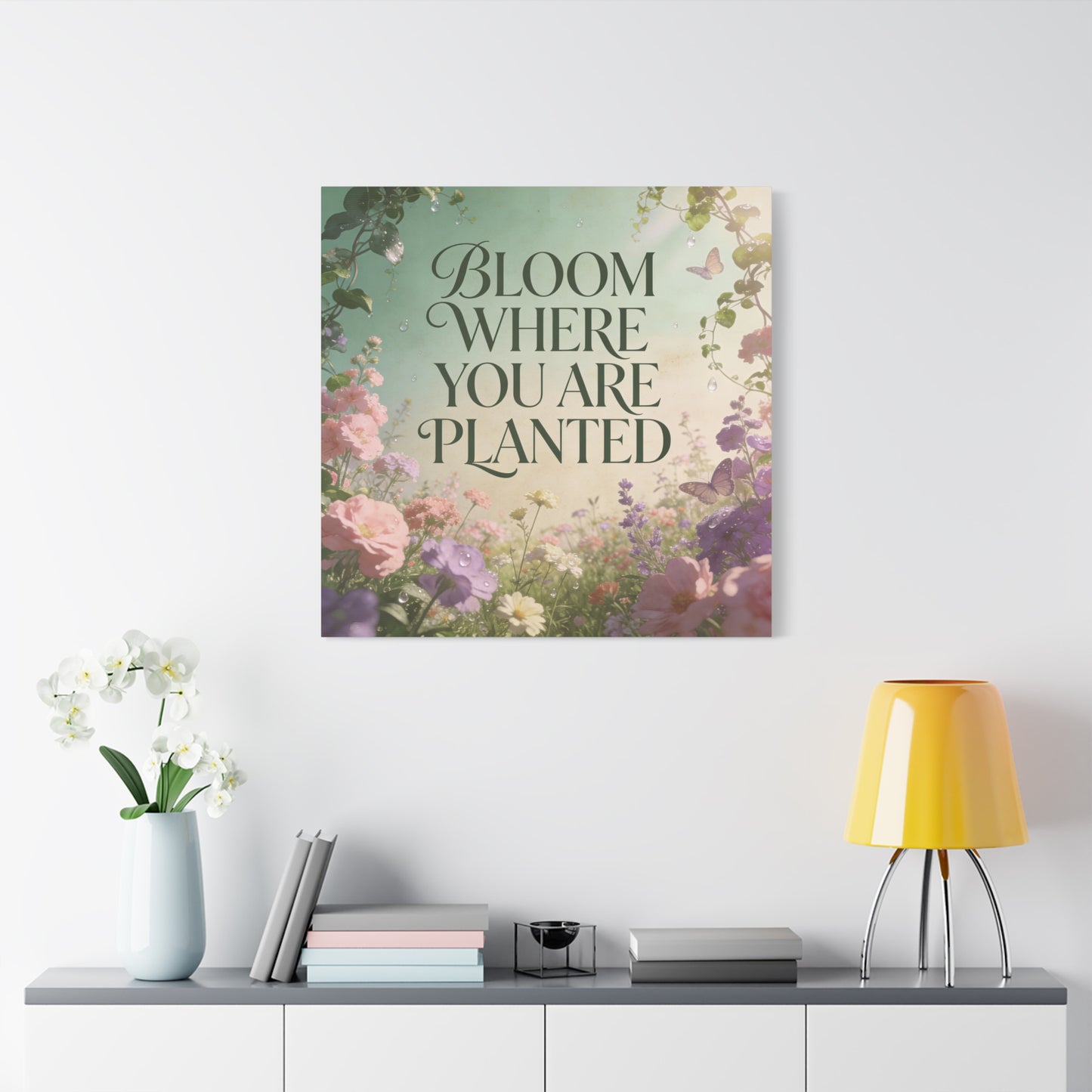 "Bloom Where You Are Planted" Inspirational Canvas Wall Art - Floral Butterfly Quote Print, Pastel Garden Typography Decor, Modern Farmhouse Style, Bedroom Home Decoration - Living Room Wall Decor
