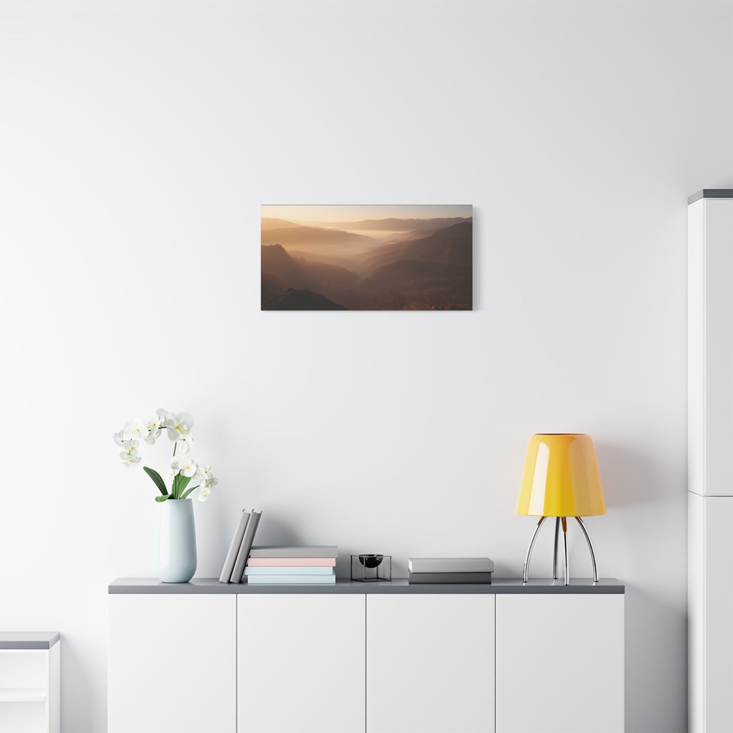Golden Mist Mountain Valley Canvas Wall Art - Serene Landscape Art Print, Warm Dawn Light - Minimalist Nature Decor - Living Room Wall Decor, Bedroom Home Decoration - Bedroom Home Decoration