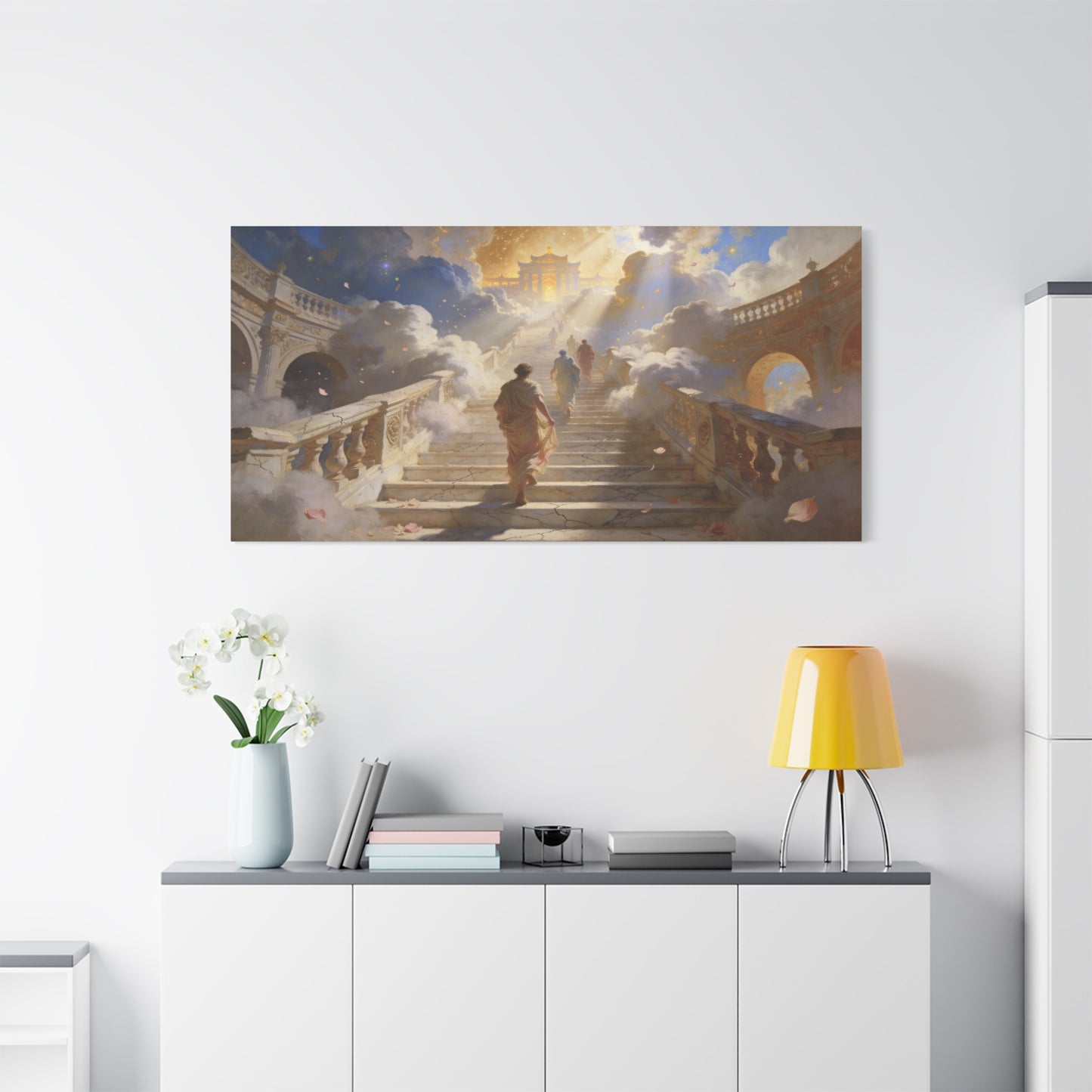 Celestial Stairway Canvas Wall Art - Figures Ascending Through Clouds, Golden Temple Light - Matte Cotton Art Print - Classical Fantasy Style - Living Room Wall Decor, Office Accent - Ready to Hang