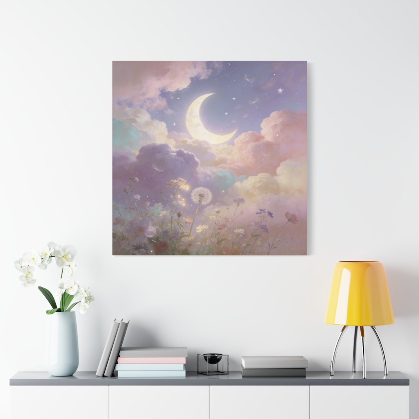Crescent Moon Canvas Art Print - Dreamy Pastel Clouds, Dandelion Sky, Celestial Floral Scene - Cotton Matte Artwork - Lavender Nursery Accent, Bedroom Decoration, Meditation Space Decor