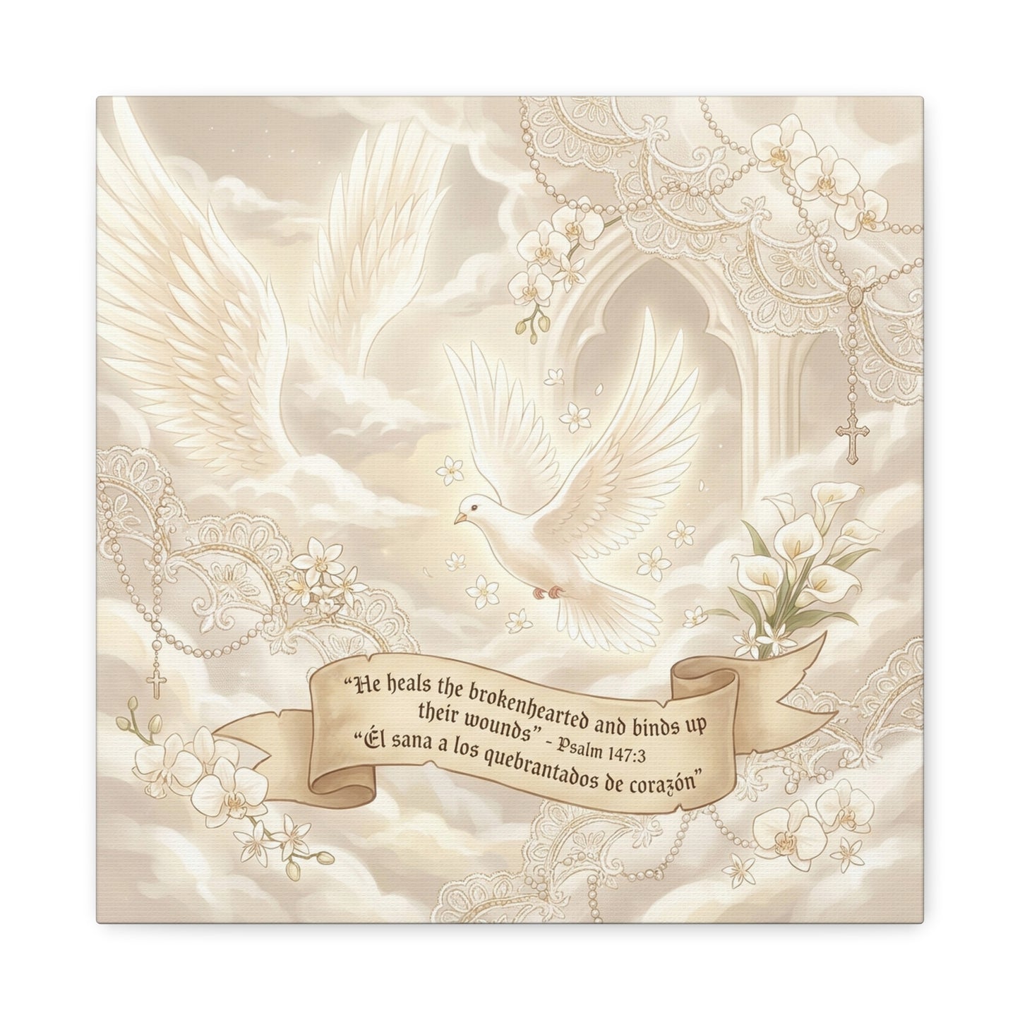 "He Heals The Brokenhearted And Binds Up Their Wounds" Canvas Wall Art - Dove, Cross, Psalm 147:3 Scripture Print - Beige Floral Christian Decor - Bedroom Living Room Home Decoration - Office Wall Art
