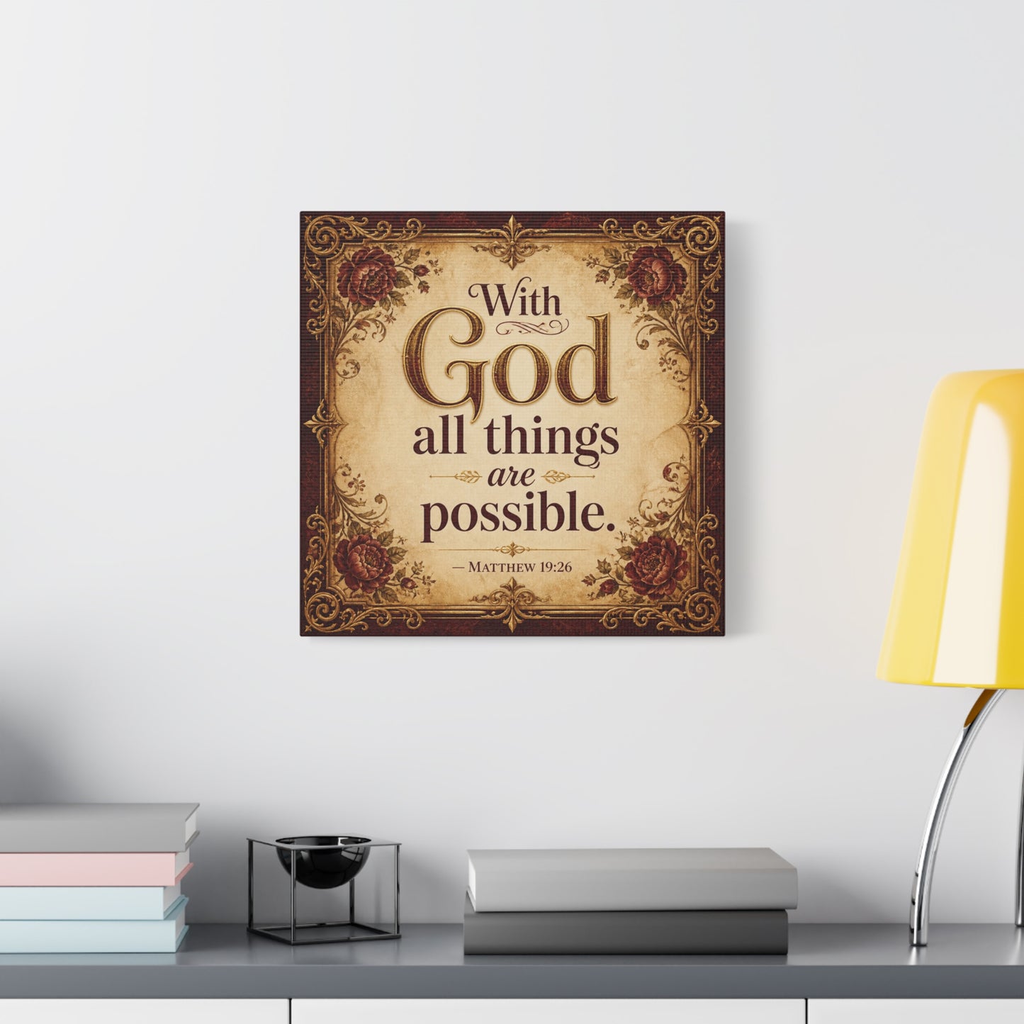 "With God All Things Are Possible. - Matthew 19:26" Christian Canvas Wall Art - Vintage Floral Scripture Print, Traditional Inspirational Decor, Living Room Bedroom Wall Hanging - Ready to Hang