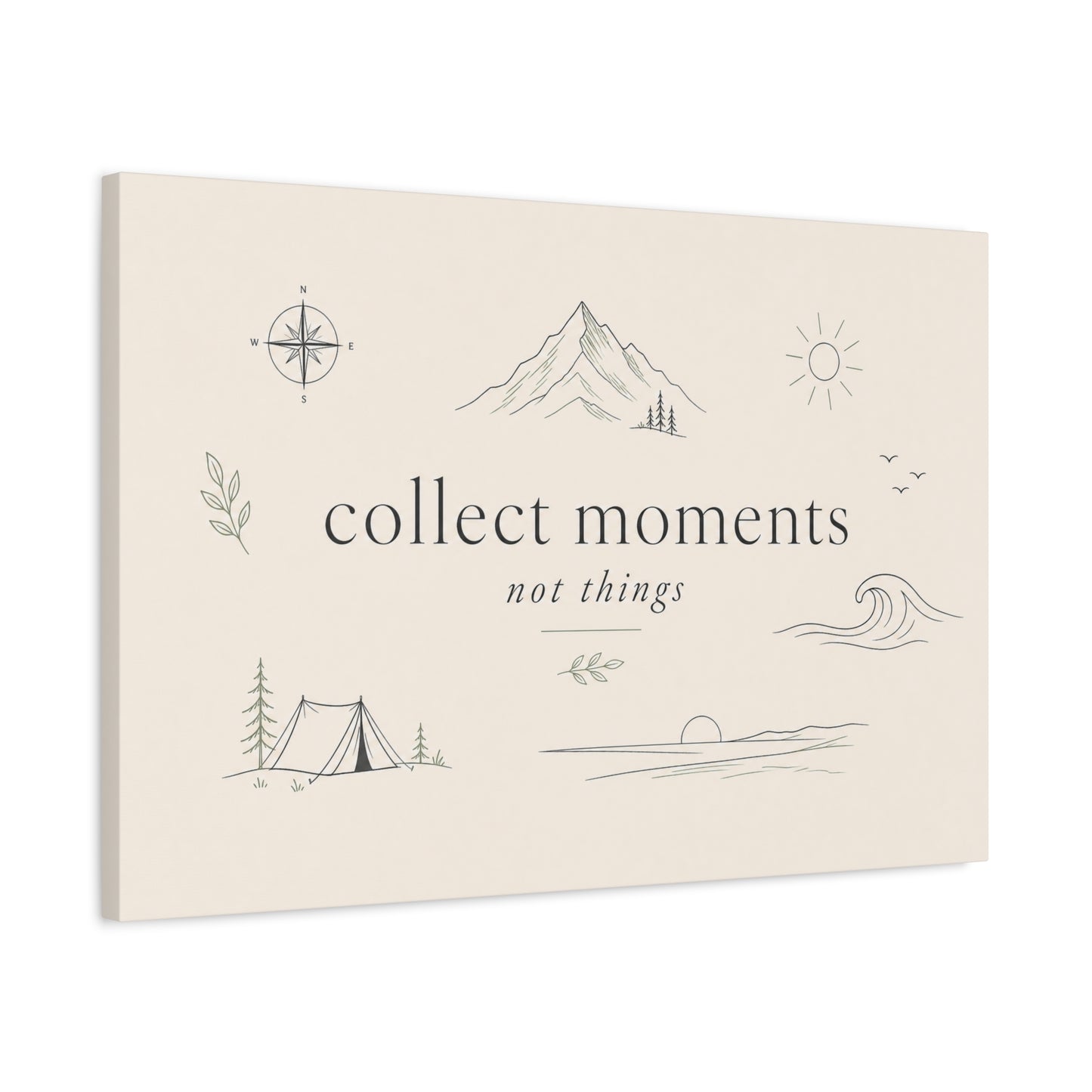 "Collect Moments Not Things" Minimalist Canvas Wall Art - Mountain, Compass, Wave Line Drawing - Neutral Typography Print - Boho Modern Wall Decor For Living Room, Bedroom, Office Accent