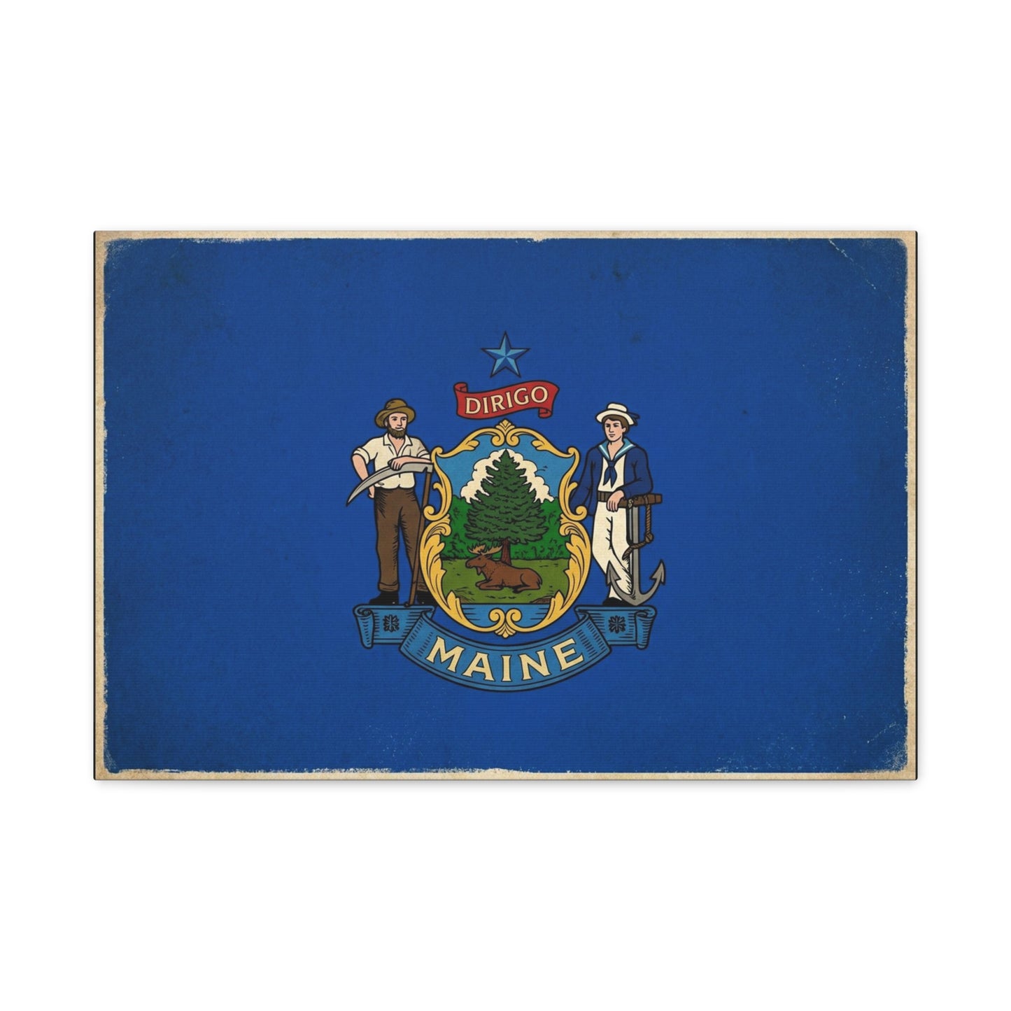 Maine State Flag Canvas Wall Art - Dirigo Vintage Blue Flag Print, Rustic Patriotic Decor - Distressed Illustration Style - Living Room Wall Decor, Office Art Accent - Bedroom Home Decoration