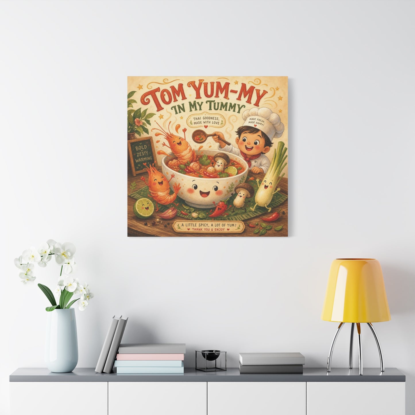 "Tom Yum-My In My Tummy" Canvas Wall Art - Cute Thai Soup Chef Illustration, Whimsical Kitchen Decor - Matte Cotton Canvas Print - Vintage Style Dining Room Wall Decor - Bedroom Home Decoration