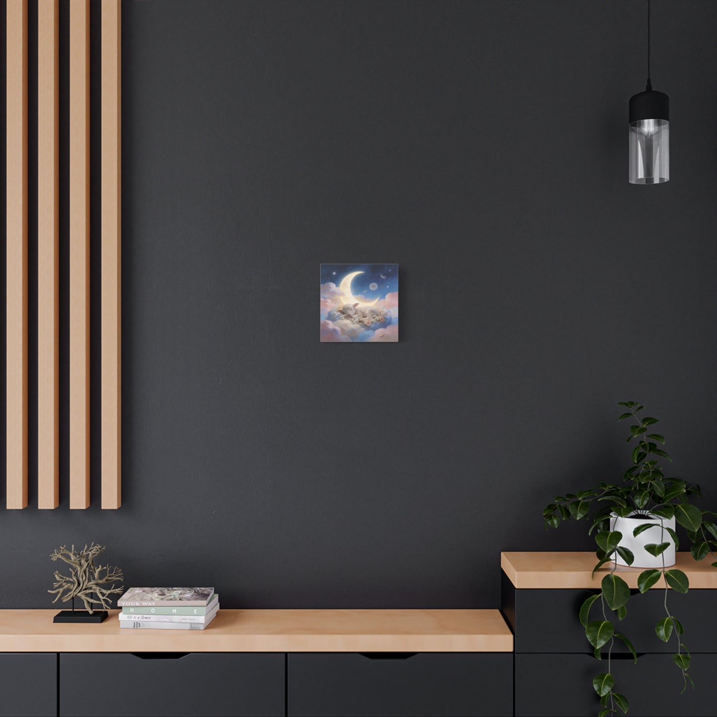 Sleeping Lamb Canvas Wall Art - Crescent Moon, Stars, Pink Clouds Nursery Decor - Dreamy Pastel Canvas Print - Whimsical Storybook Style - Bedroom Home Decoration, Kids Room Accent - Office Wall Art