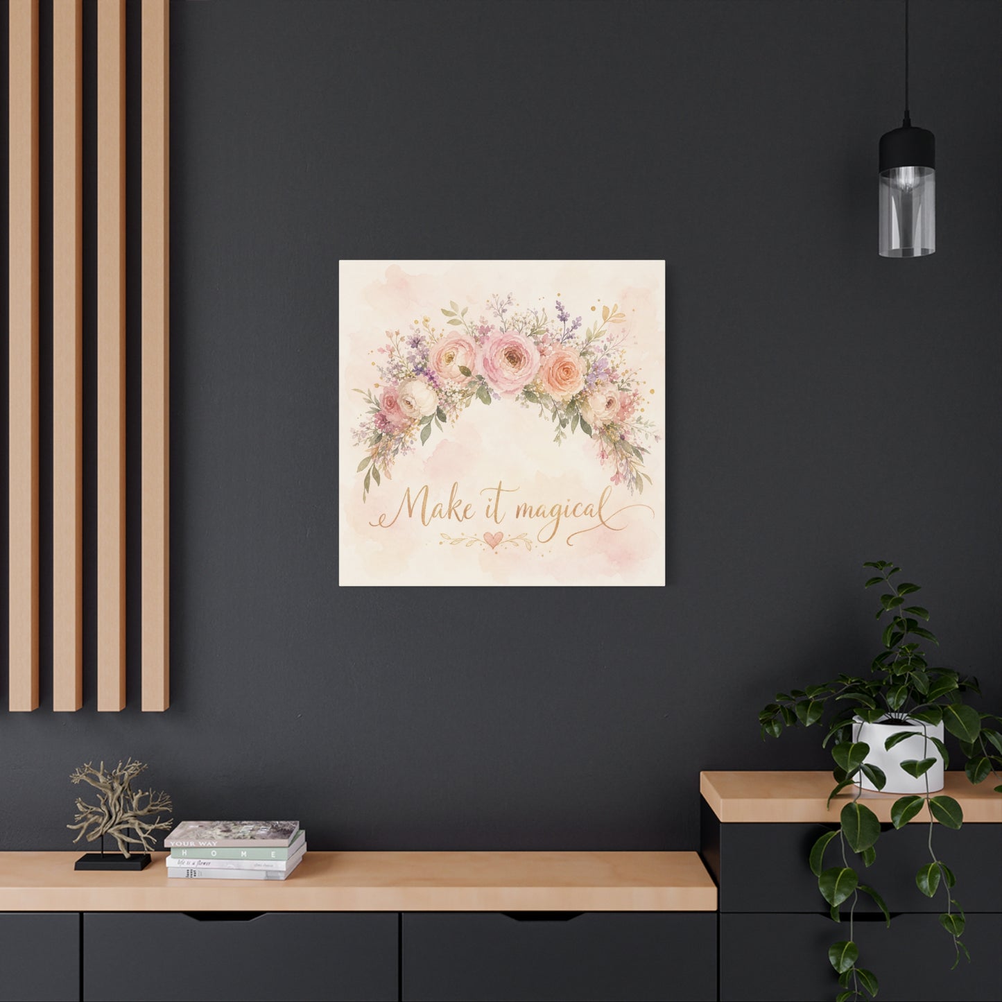 "Make It Magical" Floral Canvas Wall Art - Blush Rose Watercolor Quote Print, Pink Botanical Home Decor, Girls Bedroom Wall Decoration, Nursery Accent, Bohemian Living Room Style - Ready to Hang