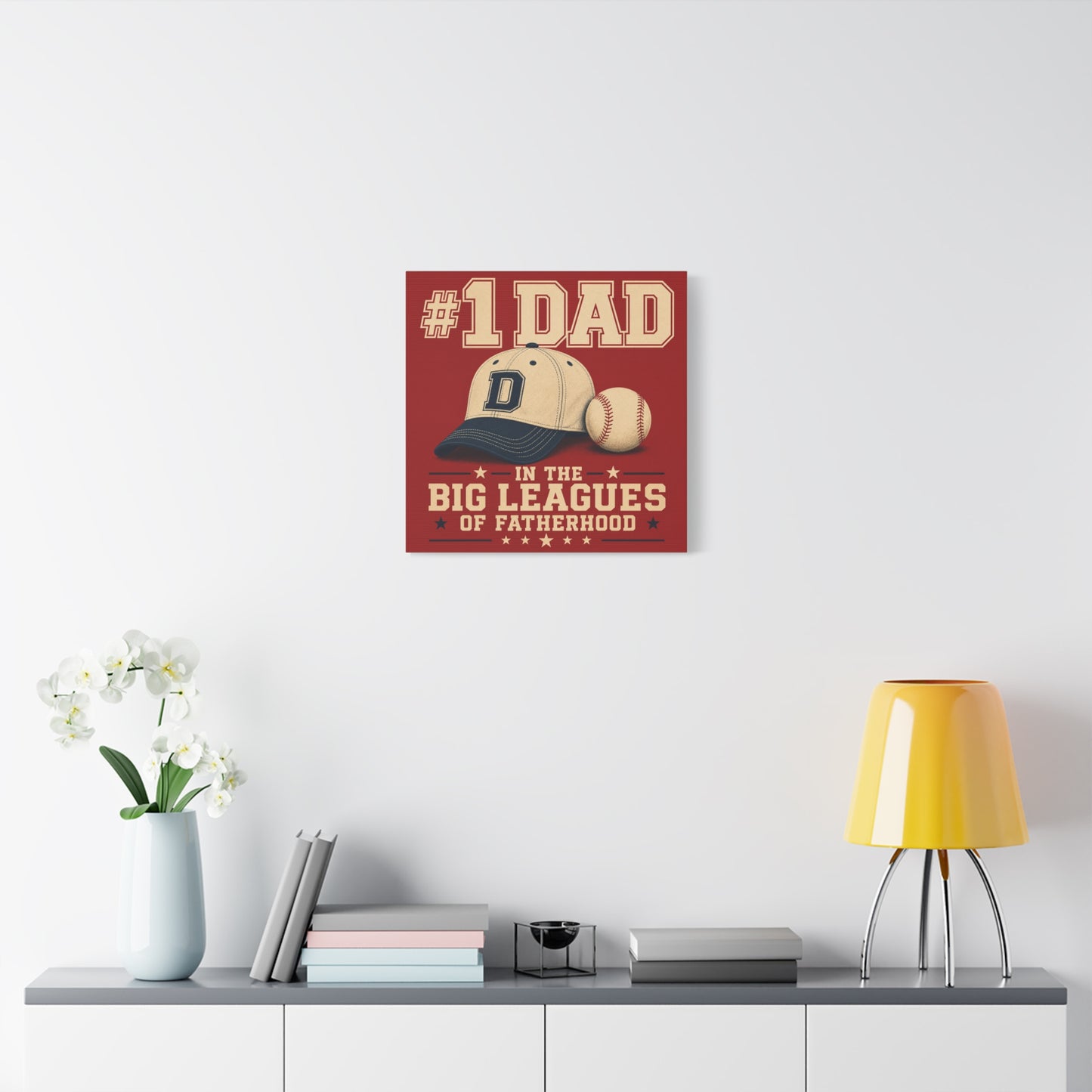 "#1 Dad In The Big Leagues Of Fatherhood" Baseball Canvas Wall Art - Vintage Sports Typography, Cap And Ball Illustration - Rustic Americana Style - Living Room Wall Decor - Bedroom Home Decoration