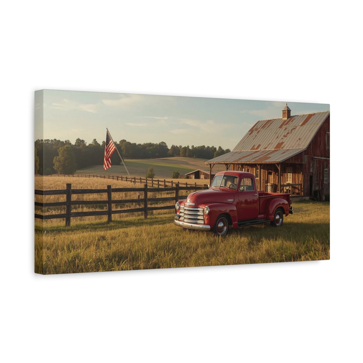 Red Vintage Pickup Truck Canvas Wall Art - Rustic Barn, American Flag Farm Landscape - Country Art Print, Traditional Style - Living Room Wall Decor, Office Art Accent - Modern Farmhouse Style