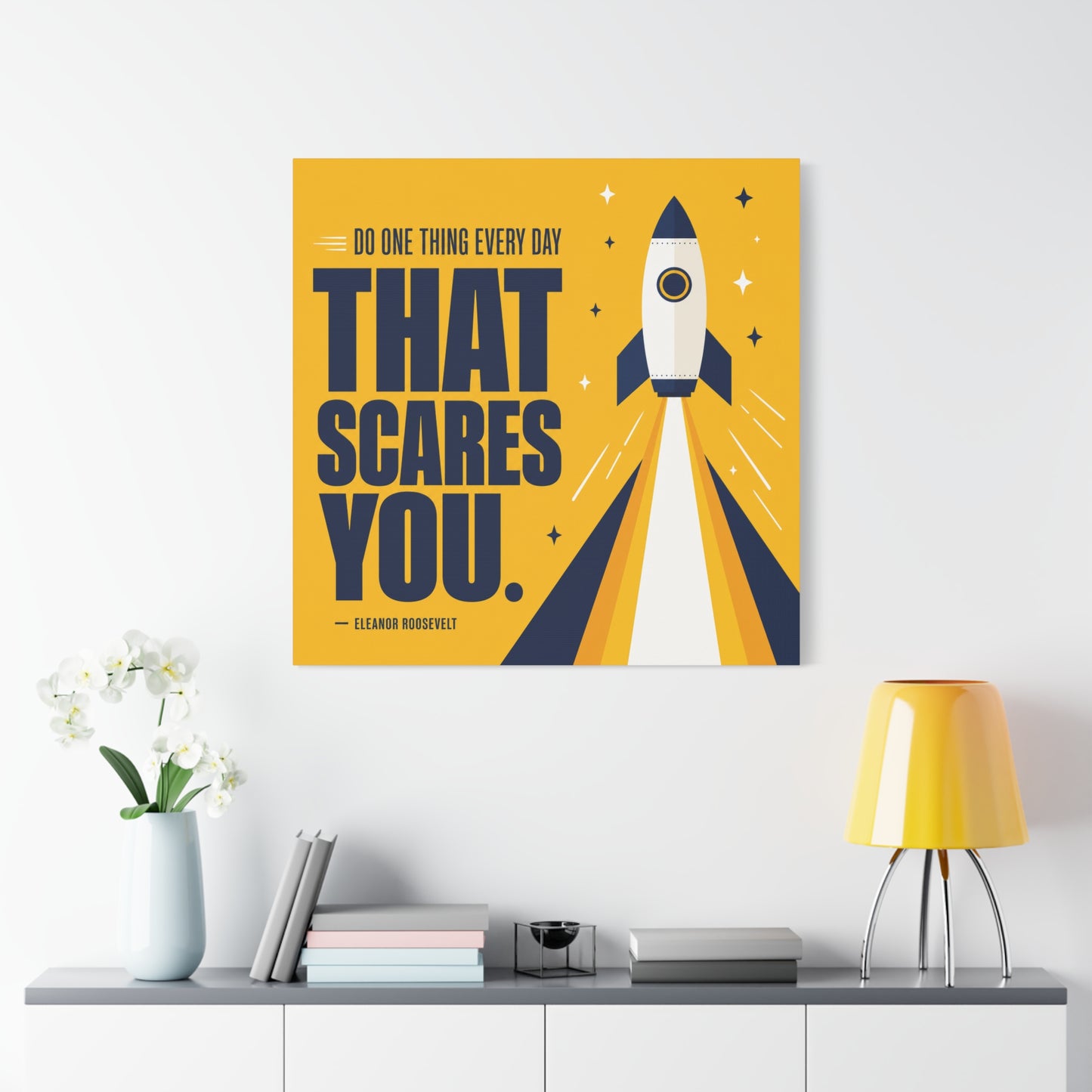 "Do One Thing Every Day That Scares You." Rocket Canvas Wall Art - Motivational Typography Space Decor - Modern Yellow Quote Print - Kids Bedroom Wall Decor, Playroom Home Decoration - Ready to Hang