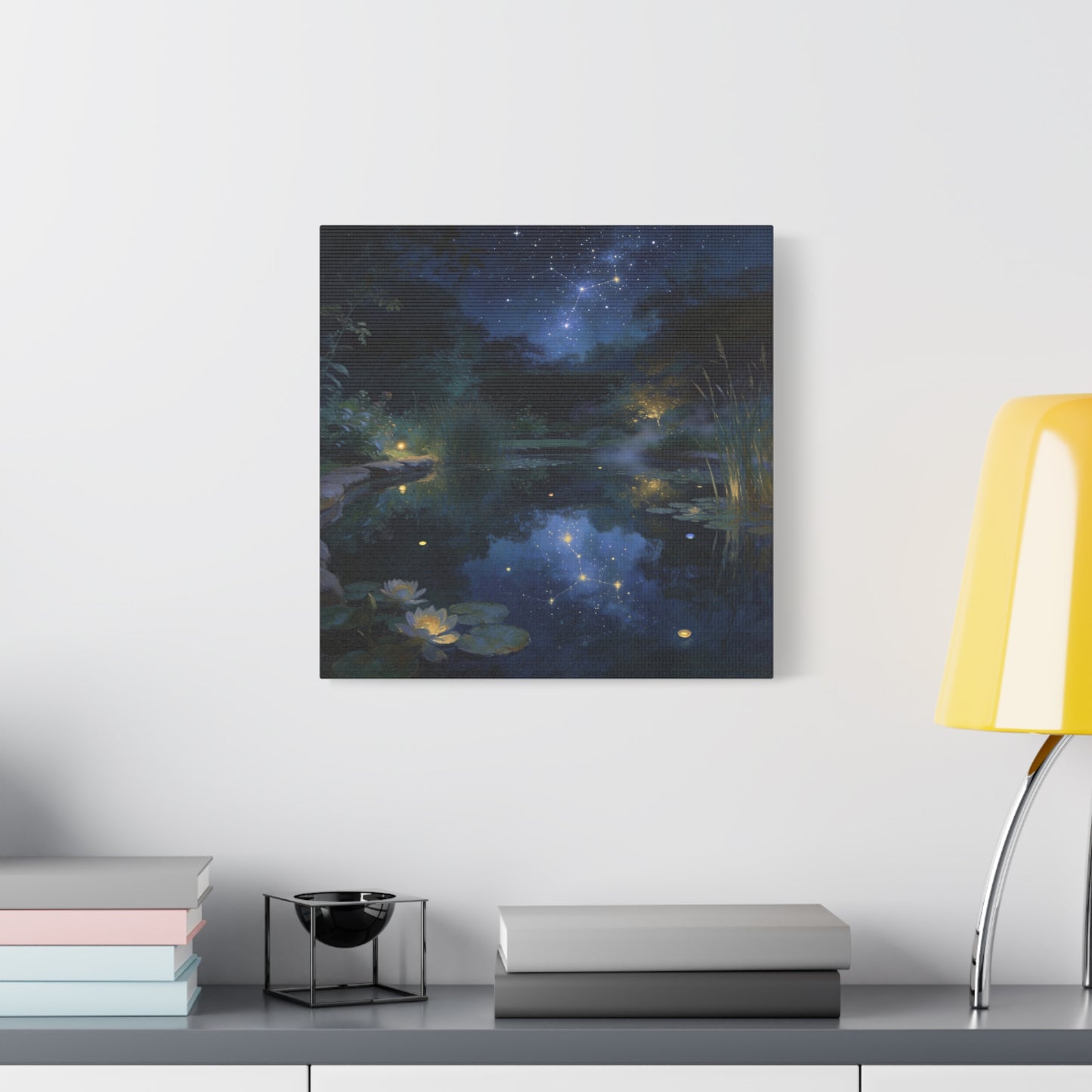 Starry Night Pond Canvas Wall Art - Moonlit Water Lilies, Celestial Reflection Landscape - Dreamy Matte Canvas Print - Traditional Nightscape Style - Living Room Wall Decor Bedroom Home Accent