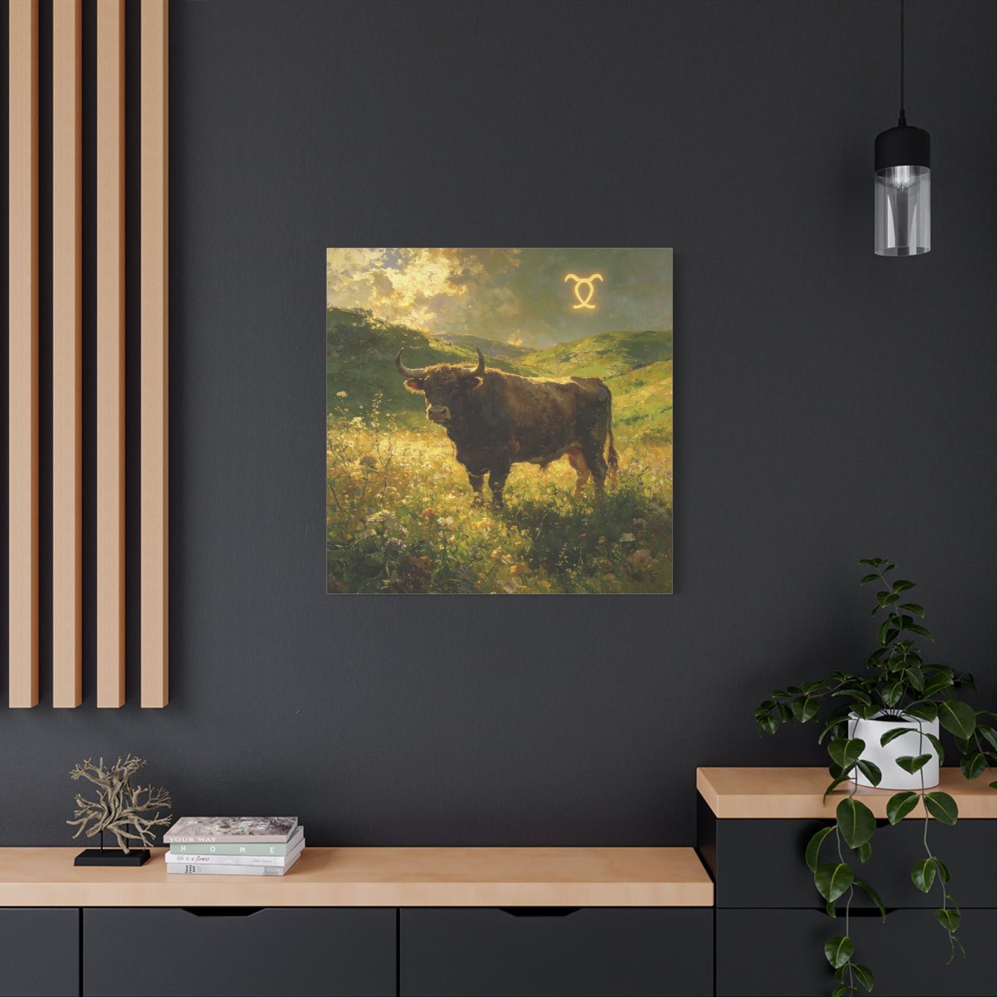 Taurus Bull Canvas Wall Art - Golden Meadow Landscape Painting, Zodiac Symbol, Rustic Contemporary Cotton Canvas Print, Living Room Wall Decor, Bedroom Home Decoration, Office Art Accent