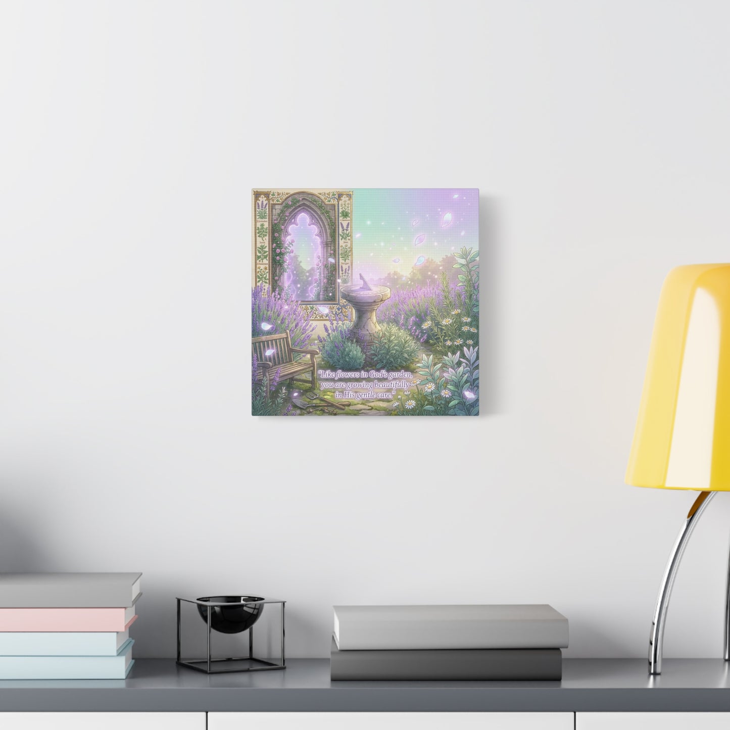 "Like Flowers In God's Garden, You Are Growing Beautifully In His Gentle Care" Canvas Wall Art - Lavender Garden Arch, Sundial Bench - Pastel Botanical Decor For Bedroom Living Room - Office Wall Art