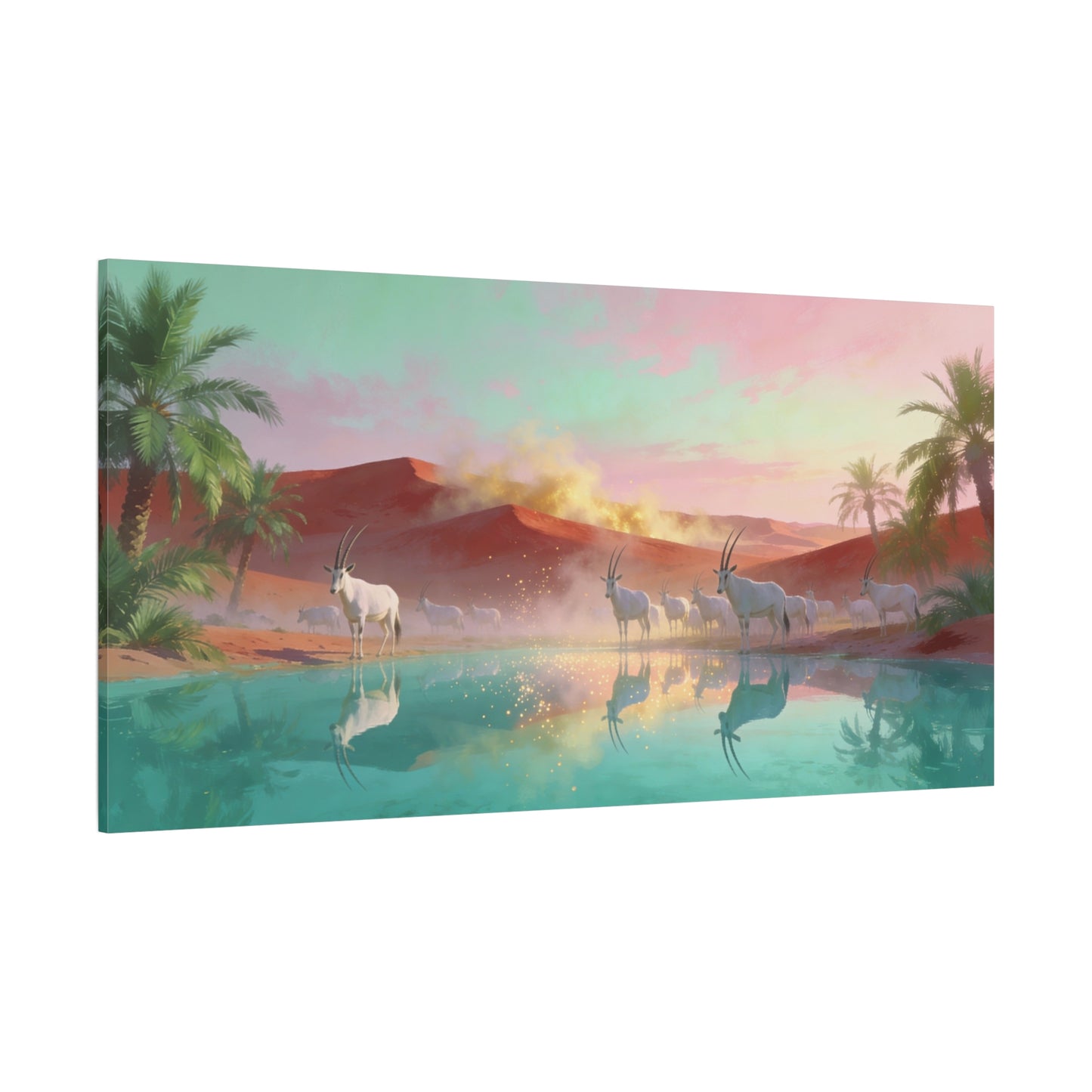 Desert Oasis Oryx Canvas Wall Art - Antelope Lake Reflection, Palm Dunes - Dreamy Surreal Cotton Print - Contemporary Landscape Style - Living Room Wall Decor, Bedroom Accent - Bedroom Home Decoration