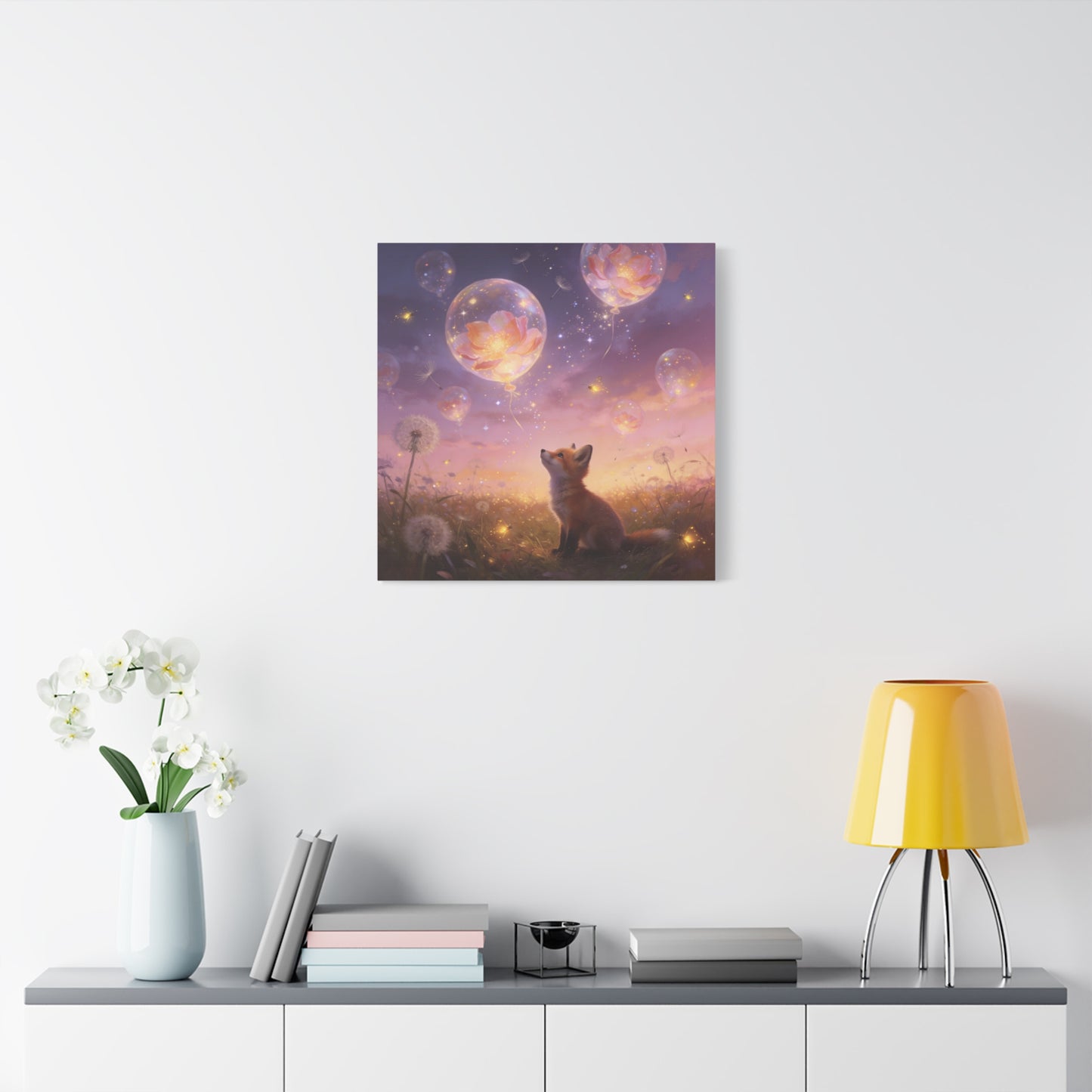 Fox Canvas Wall Art - Whimsical Fox Under Floral Balloons, Dreamy Twilight Meadow Canvas Print - Pastel Fantasy Style, Living Room Wall Decor, Bedroom Home Decoration - Bedroom Home Decoration