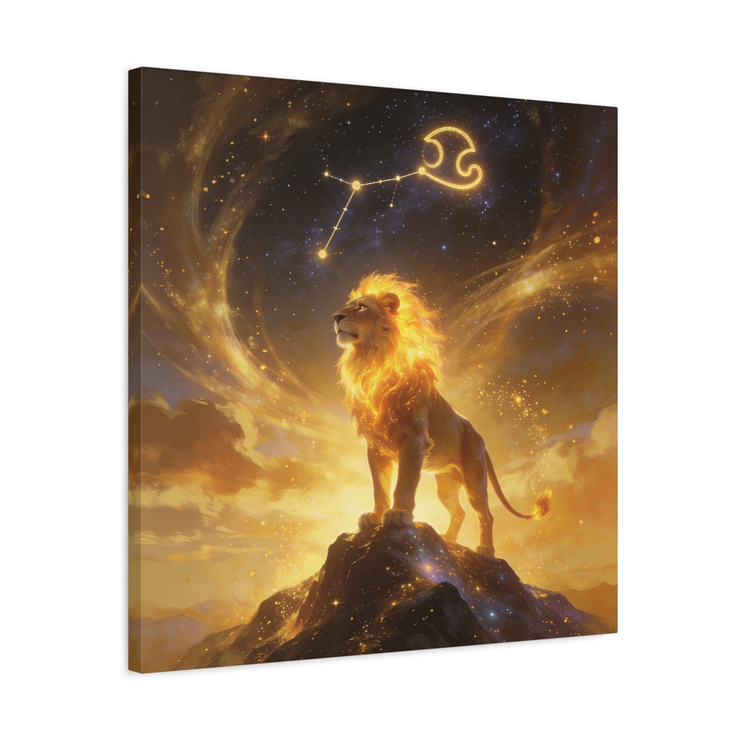 Leo Zodiac Lion Canvas Wall Art - Celestial Astrology Constellation Print, Glowing Gold Cosmic Sky - Fantasy Style, Living Room Wall Decor Bedroom Home Decoration Office Art - Bedroom Home Decoration