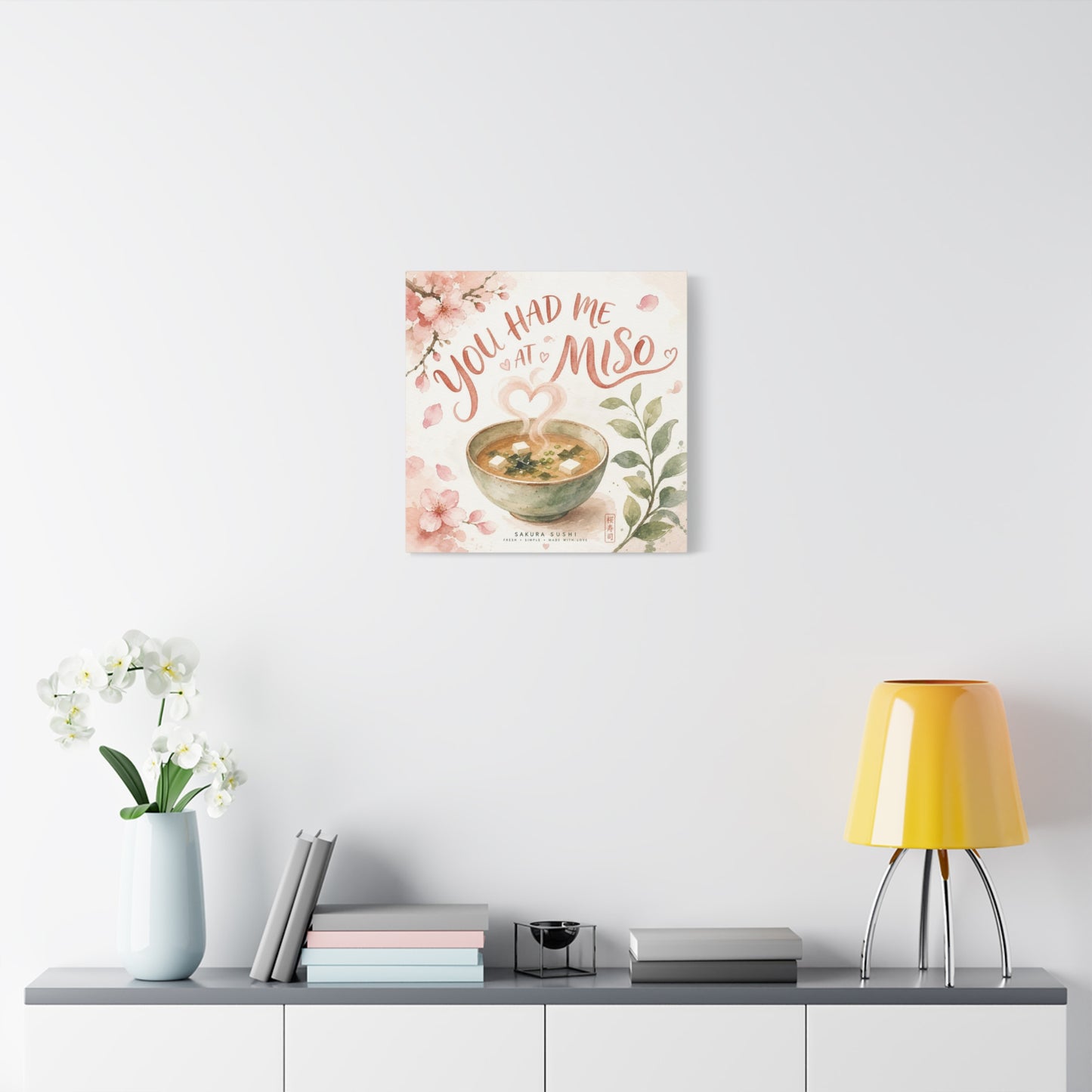 "You Had Me At Miso" Canvas Wall Art - Watercolor Soup Bowl, Cherry Blossom Typography - Japanese Food Illustration, Pink Botanical Style - Kitchen Wall Decor, Dining Room Accent - Ready to Hang
