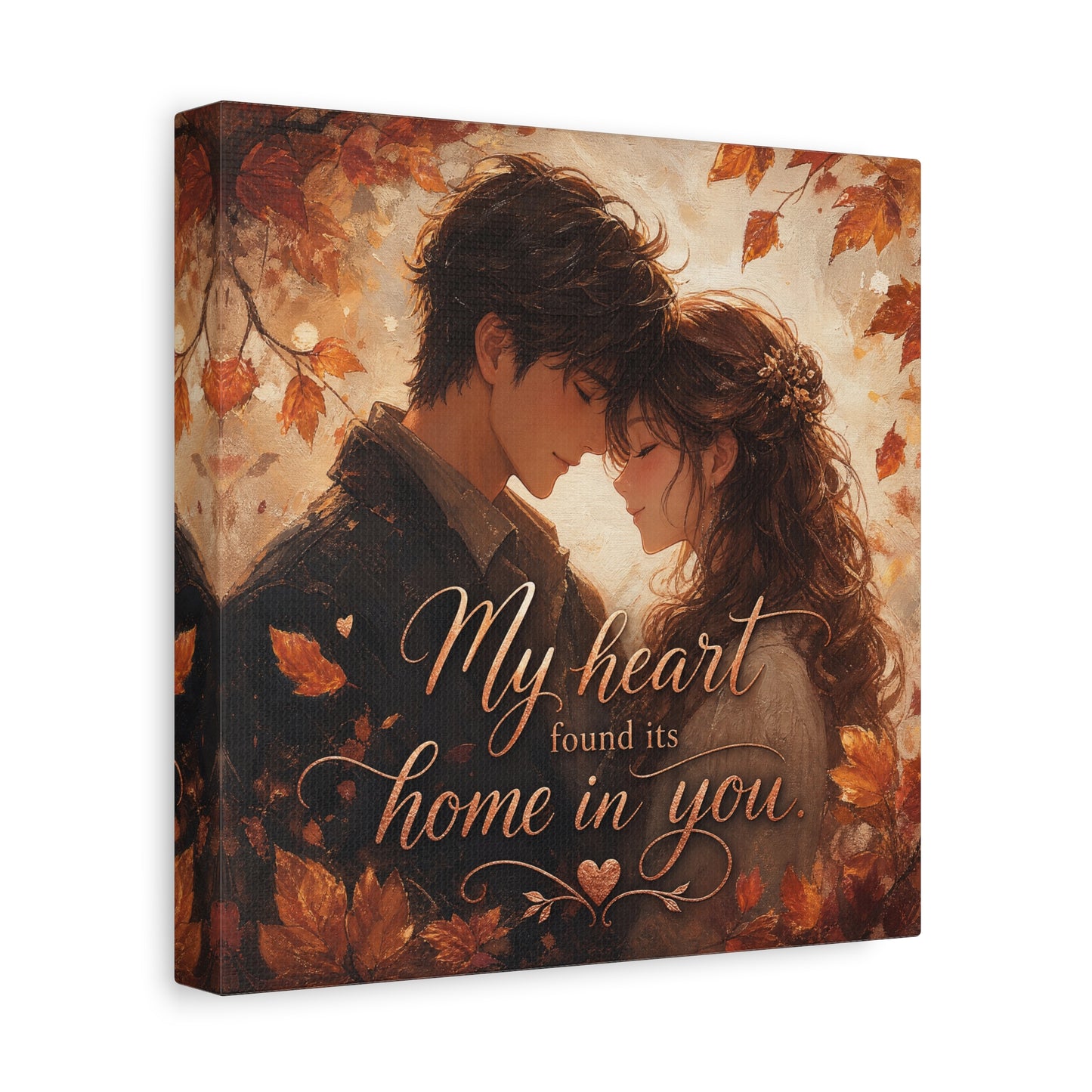 "My Heart Found Its Home In You" Romantic Couple Canvas Wall Art - Autumn Leaves Love Quote Print, Warm Rustic Traditional Style - Bedroom Wall Decor - Ready to Hang - Bedroom Home Decoration