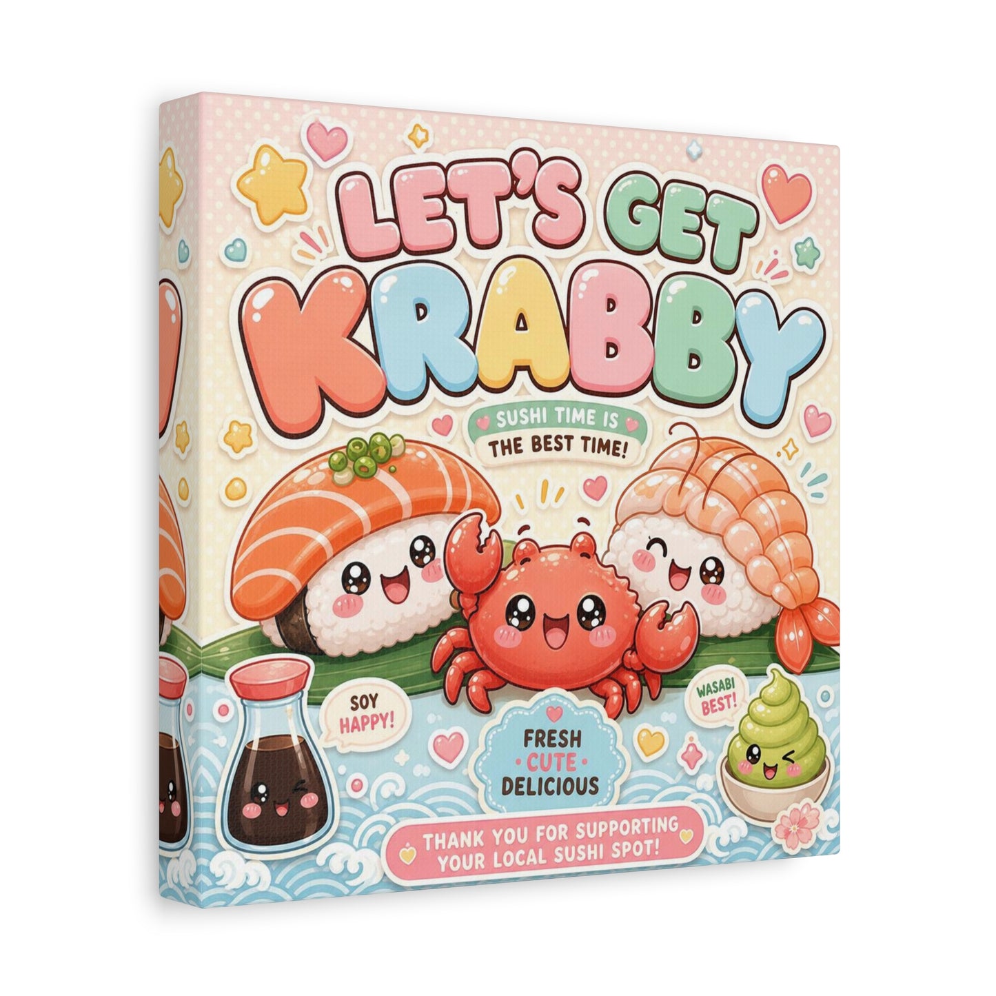 "Let's Get Krabby" Sushi Quote Canvas Wall Art - Kawaii Salmon Nigiri Shrimp Crab Illustration - Pastel Typography - Cafe Wall Decor, Restaurant Wall Hanging, Cute Food Sign - Reception Area Decor