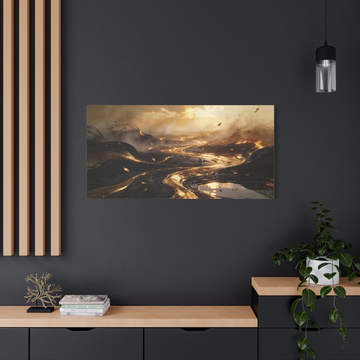 Abstract Gold River Canvas Wall Art - Luminous Flowing Landscape, capiz shells wall decor - Matte Cotton Print, Contemporary Style - Living Room Wall Decor, Bedroom Home Decoration - Ready to Hang