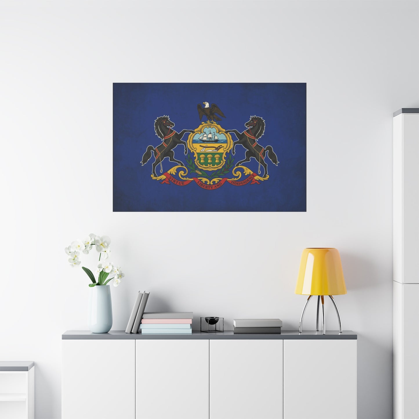 Pennsylvania State Flag Canvas Wall Art - Virtue Liberty And Independence Crest Print - Blue Keystone Commonwealth Decor - Vintage Heraldic Style - Living Room Home Decoration - Living Room Wall Decor