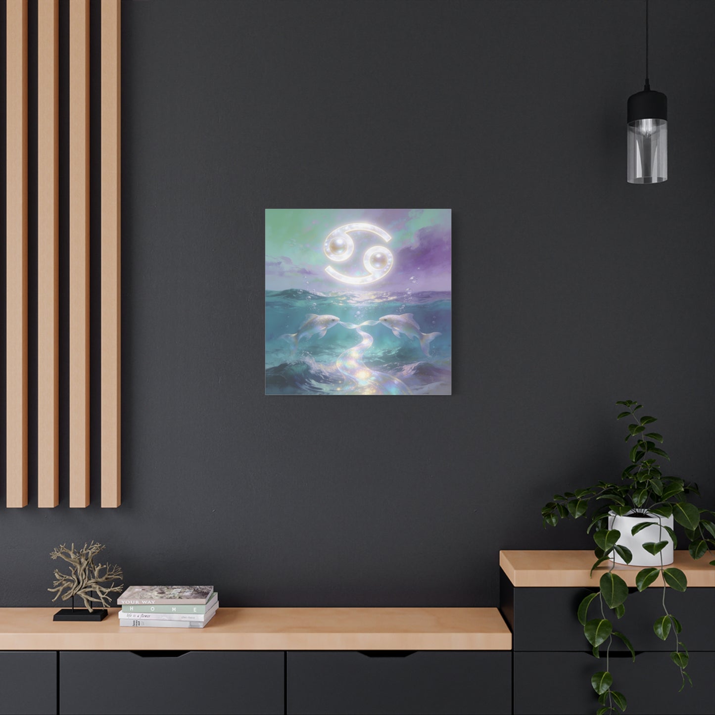 Cancer Zodiac Canvas Wall Art - Two Pearl Fish Ocean Illustration, Celestial Astrology Decor - Iridescent Matte Canvas Print - Mystical Coastal Style For Bedroom Living Room - Living Room Wall Decor